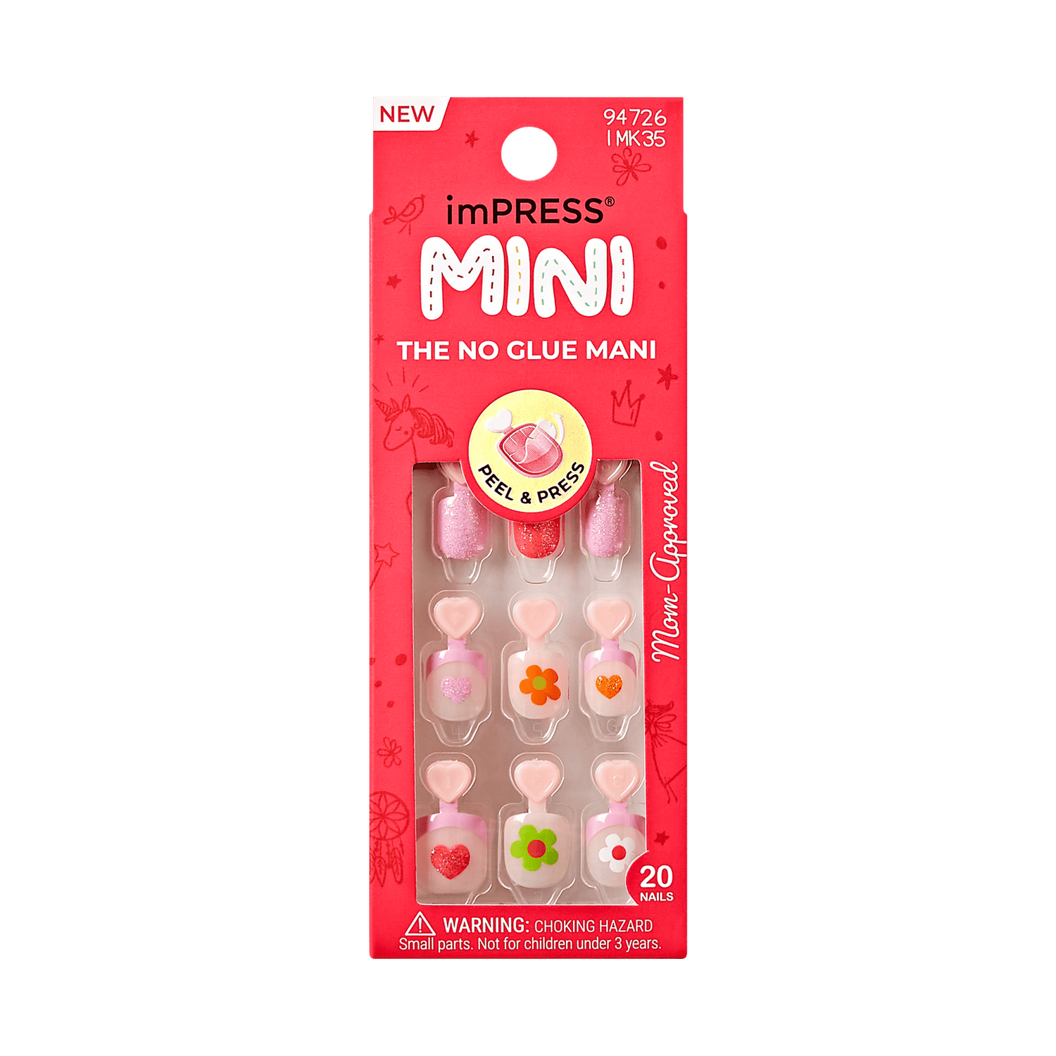 The image features a packaging for imPRESS Mini press-on nails. The design is bright red with a playful, colorful theme. The package showcases a variety of nail designs, including pink and white colors, some adorned with floral patterns. It emphasizes that the product is "The No Glue Mani" and is labeled as "Mom Approved." The packaging also includes a warning about small parts being a choking hazard for children under three years old. Overall, it presents a fun and convenient option for nail decoration.