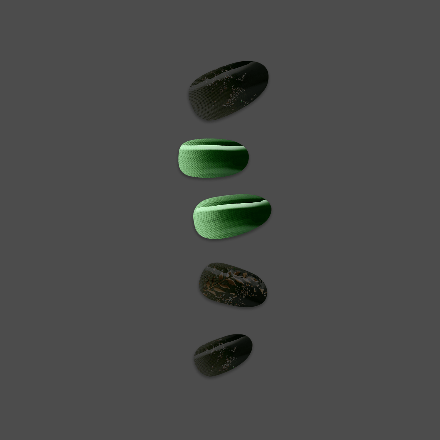 Set of five press-on nails in a vertical arrangement on a gray background; nails alternate between solid moss green and black with subtle gold leaf and speckled designs.