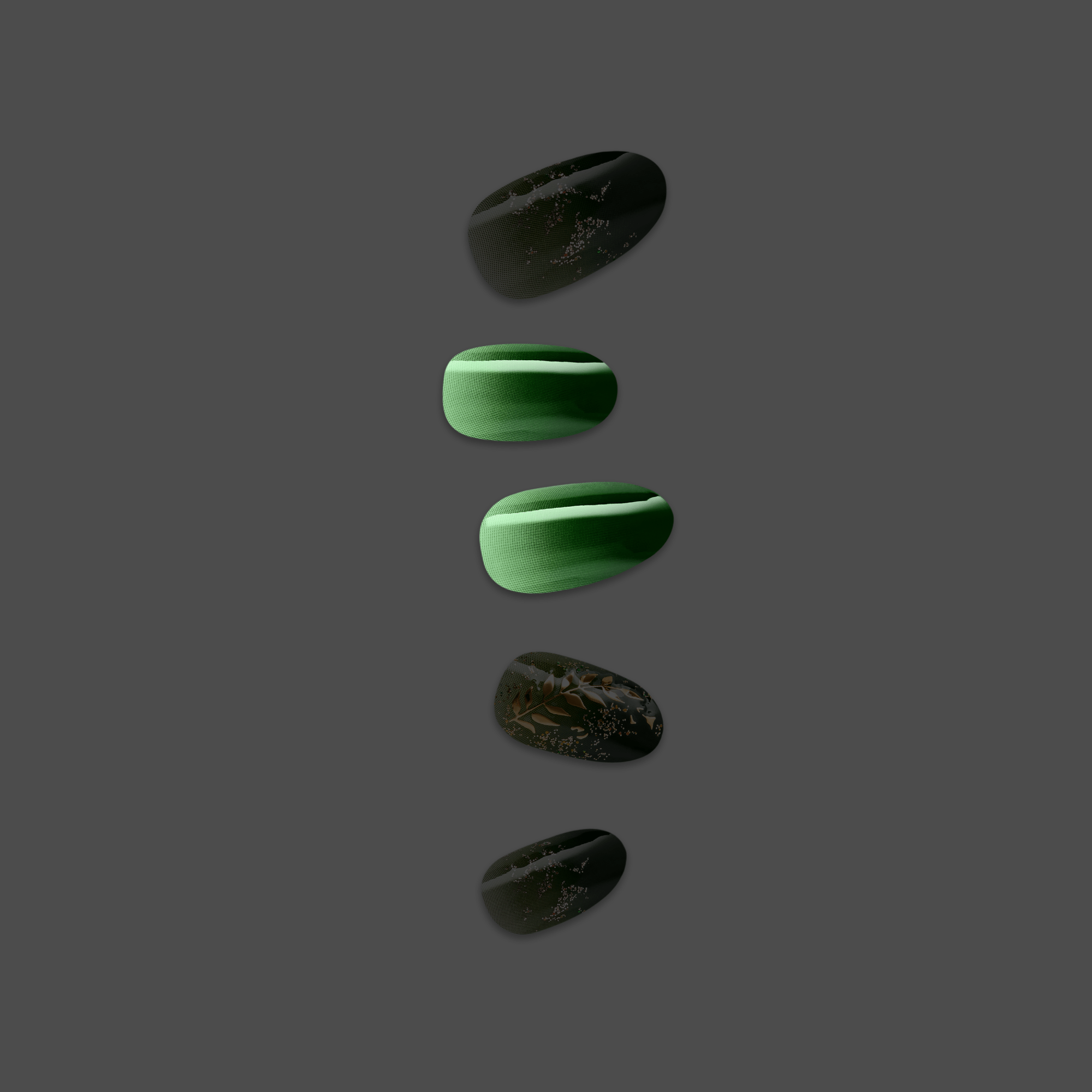 Set of five press-on nails in a vertical arrangement on a gray background; nails alternate between solid moss green and black with subtle gold leaf and speckled designs.