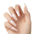 Light pink, pearl-finish long coffin-shaped press-on nails applied on a hand with a natural skin tone, showing nail length and shape clearly.