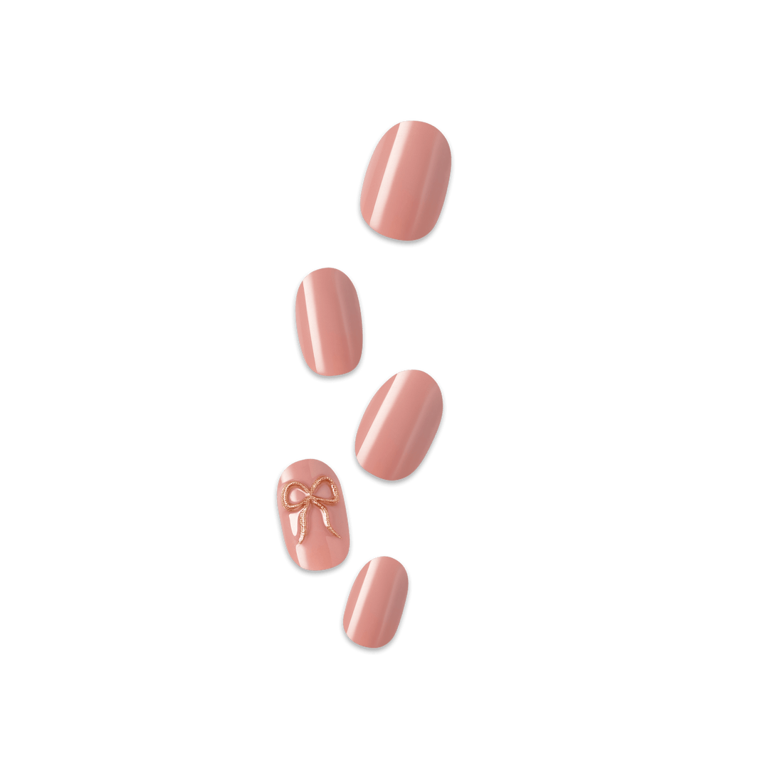 Five oval nude press-on nails with glossy finish, one featuring a gold bow design.