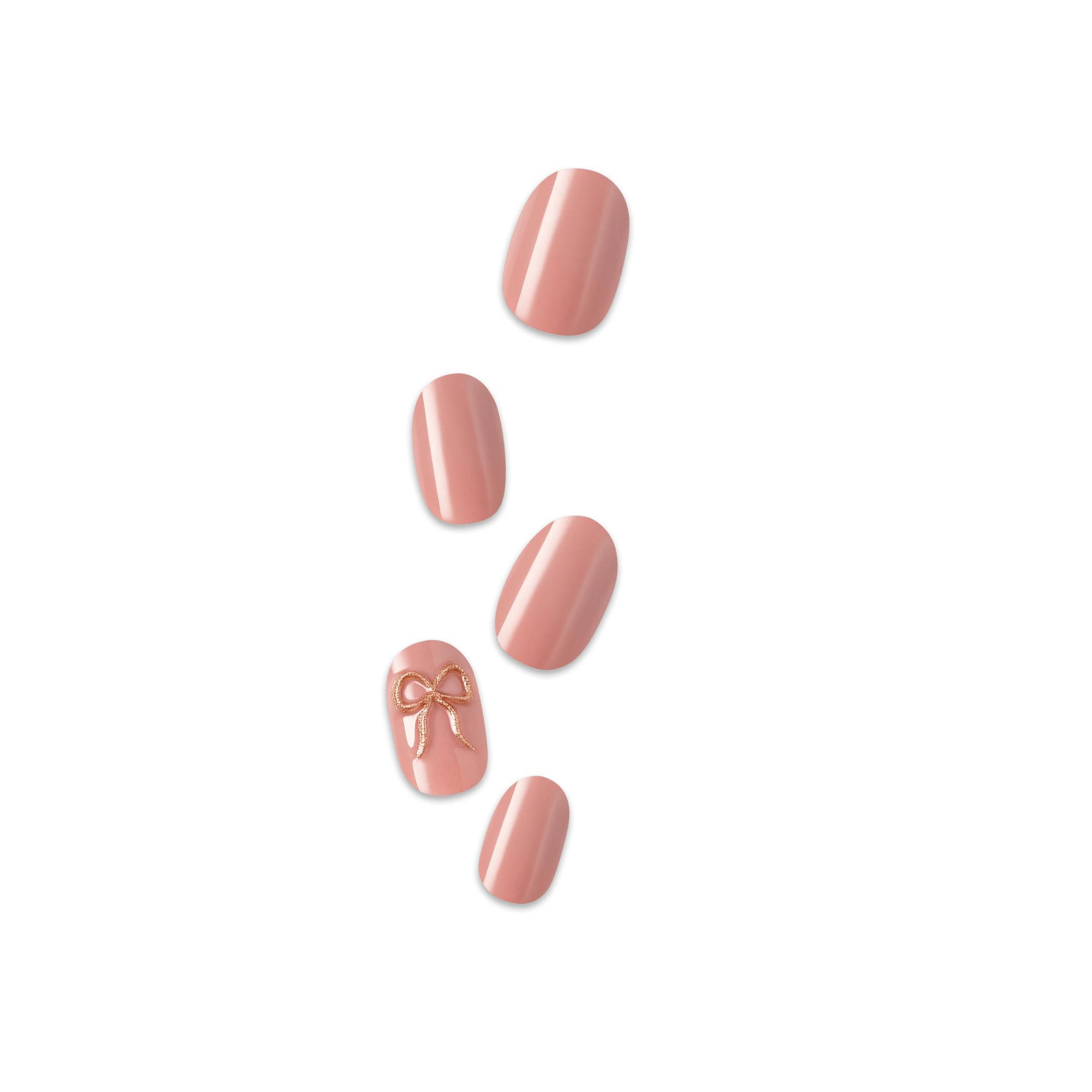 Five oval nude press-on nails with glossy finish, one featuring a gold bow design.