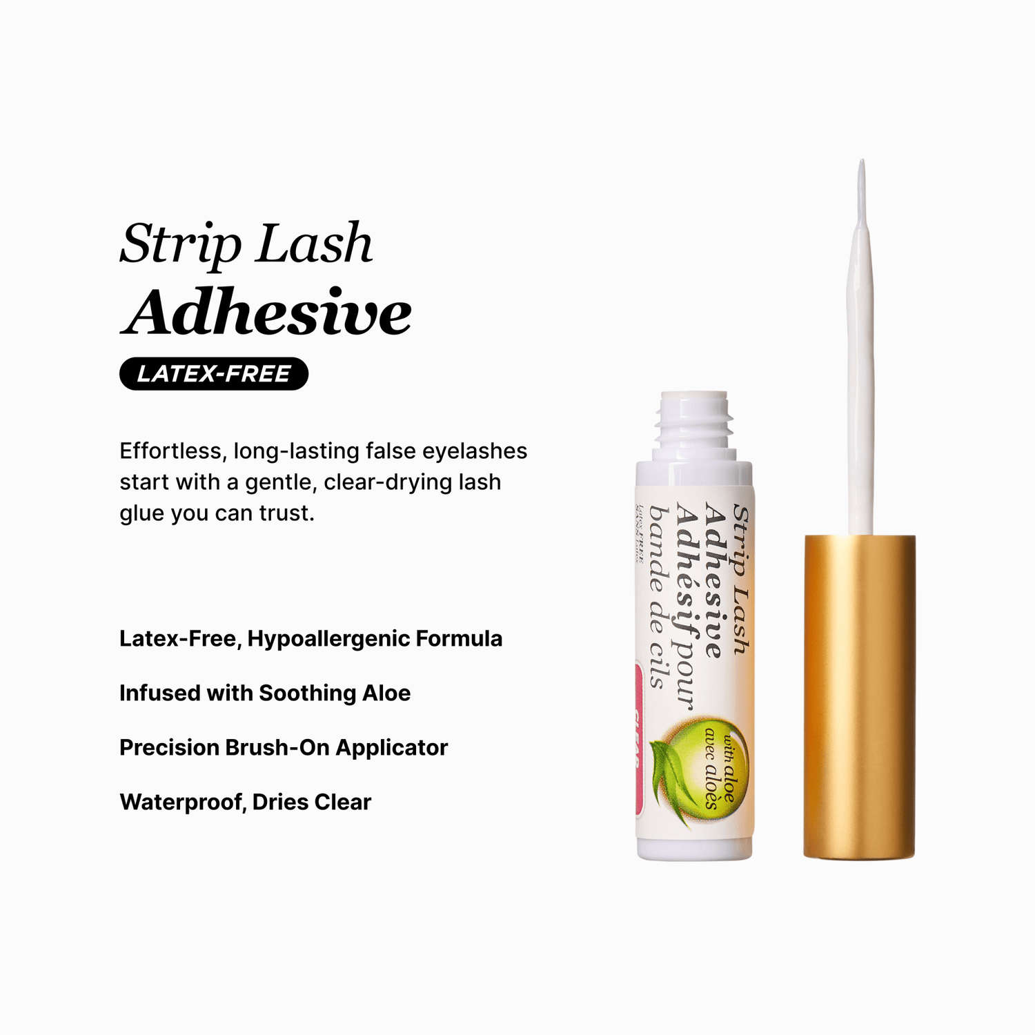 Strip lash adhesive bottle with applicator on a white background