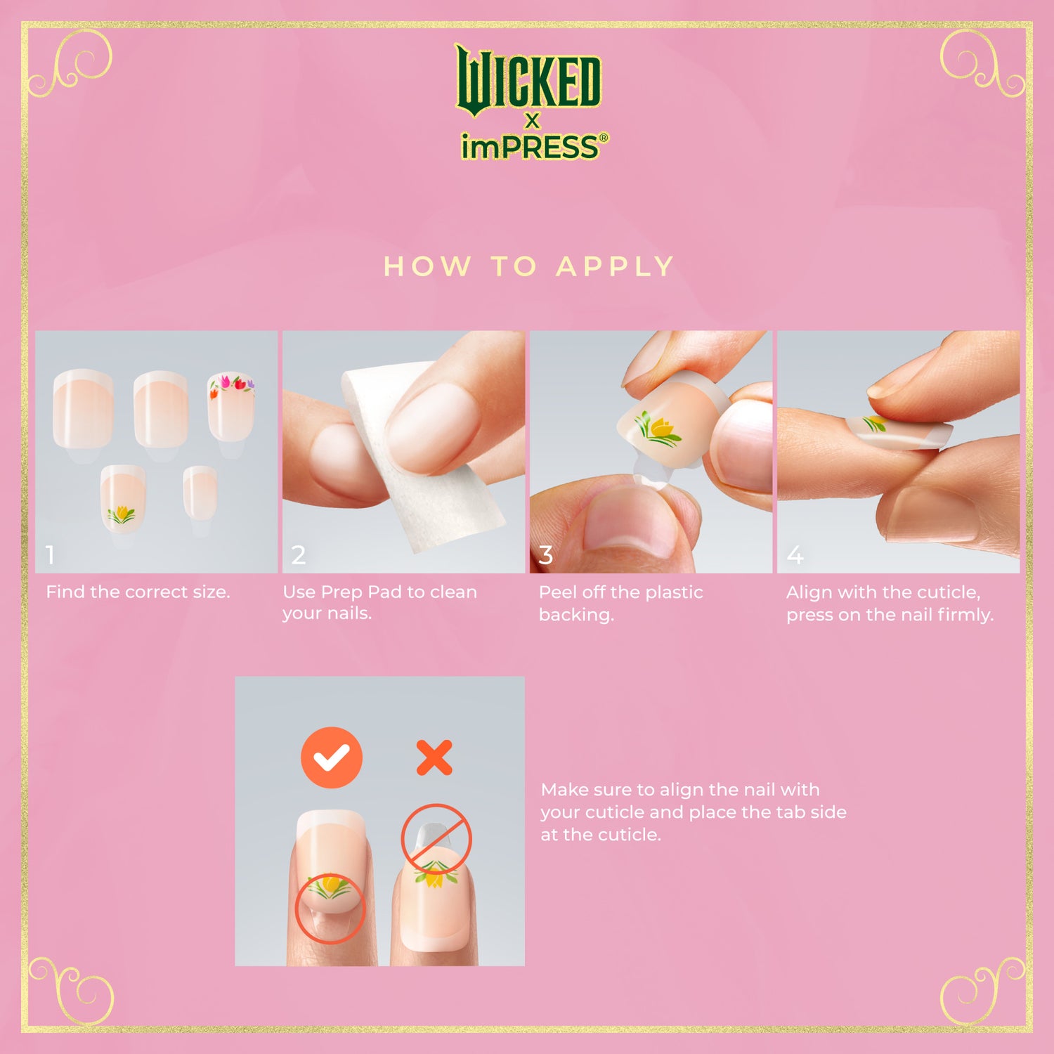 Pink instructional card for WICKED X imPRESS press-on nails with gold decorative border. Headline \