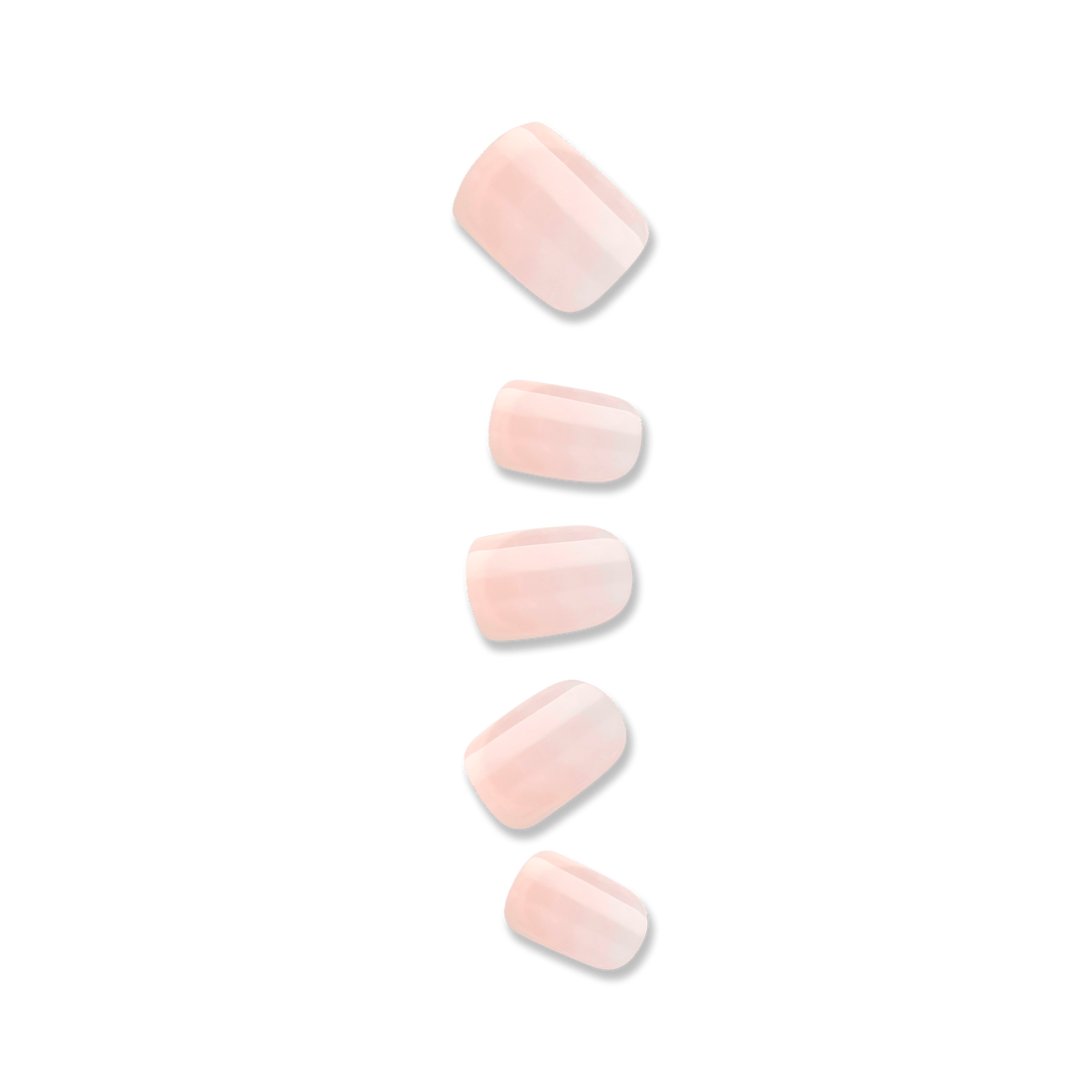 Five pale pink, glossy press-on nails shown in descending sizes against a white background, with a natural square shape and subtle shine.