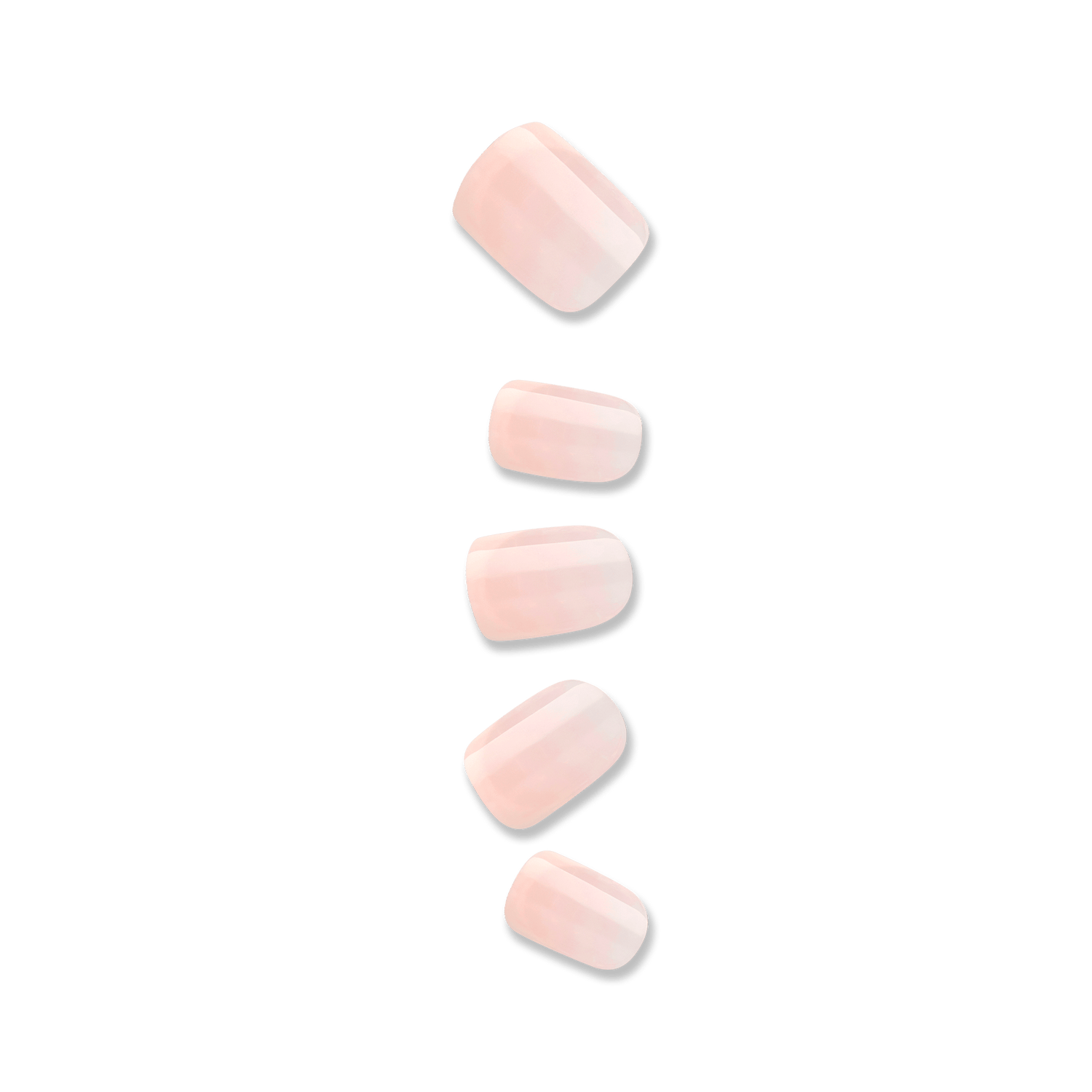 Five pale pink, glossy press-on nails shown in descending sizes against a white background, with a natural square shape and subtle shine.