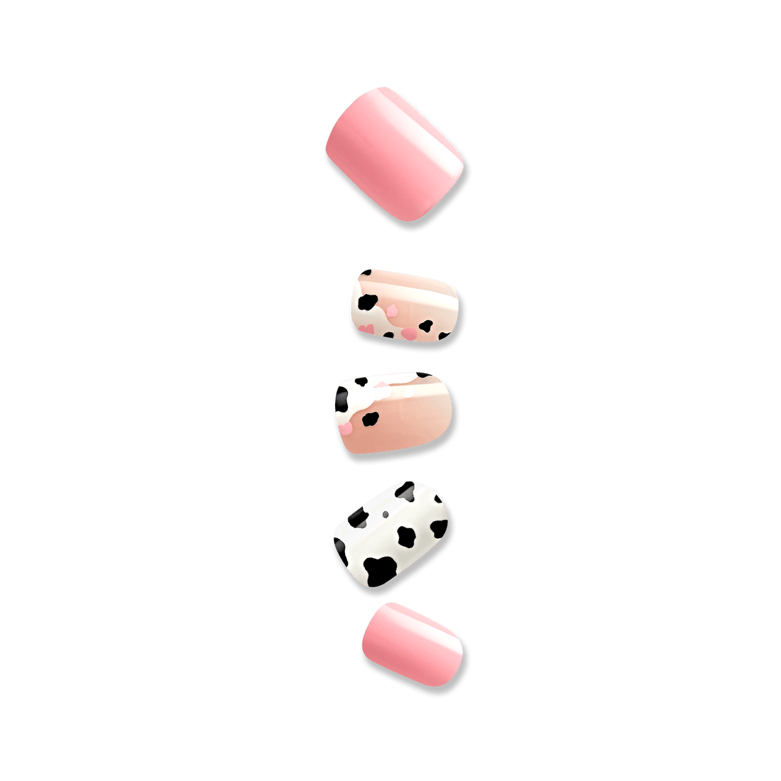 Set of five press-on nails featuring a mix of solid soft pink nails and animal print designs with black and pink spots on beige and white backgrounds.