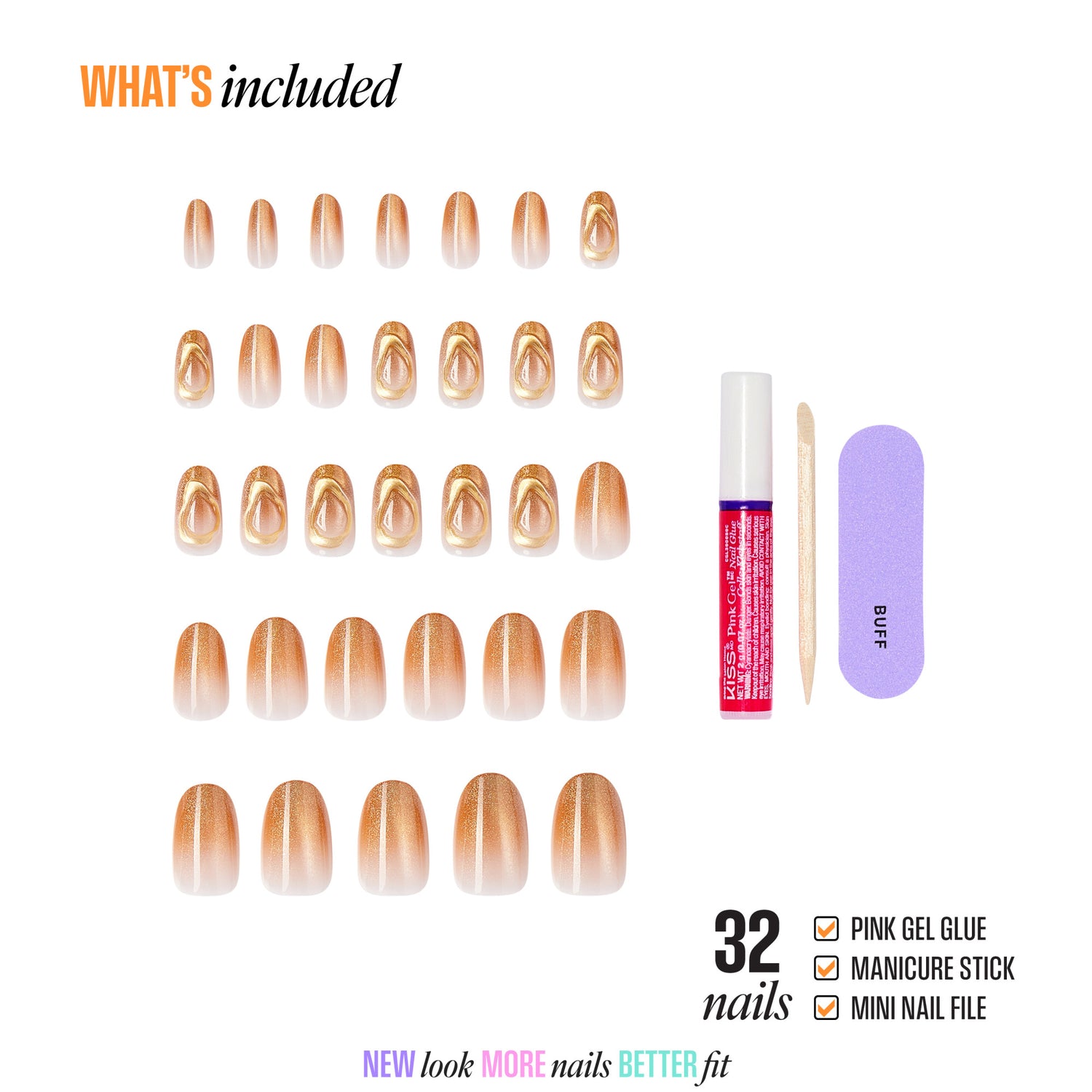 32-piece press-on nail set with gel glue, manicure stick, and nail file included.