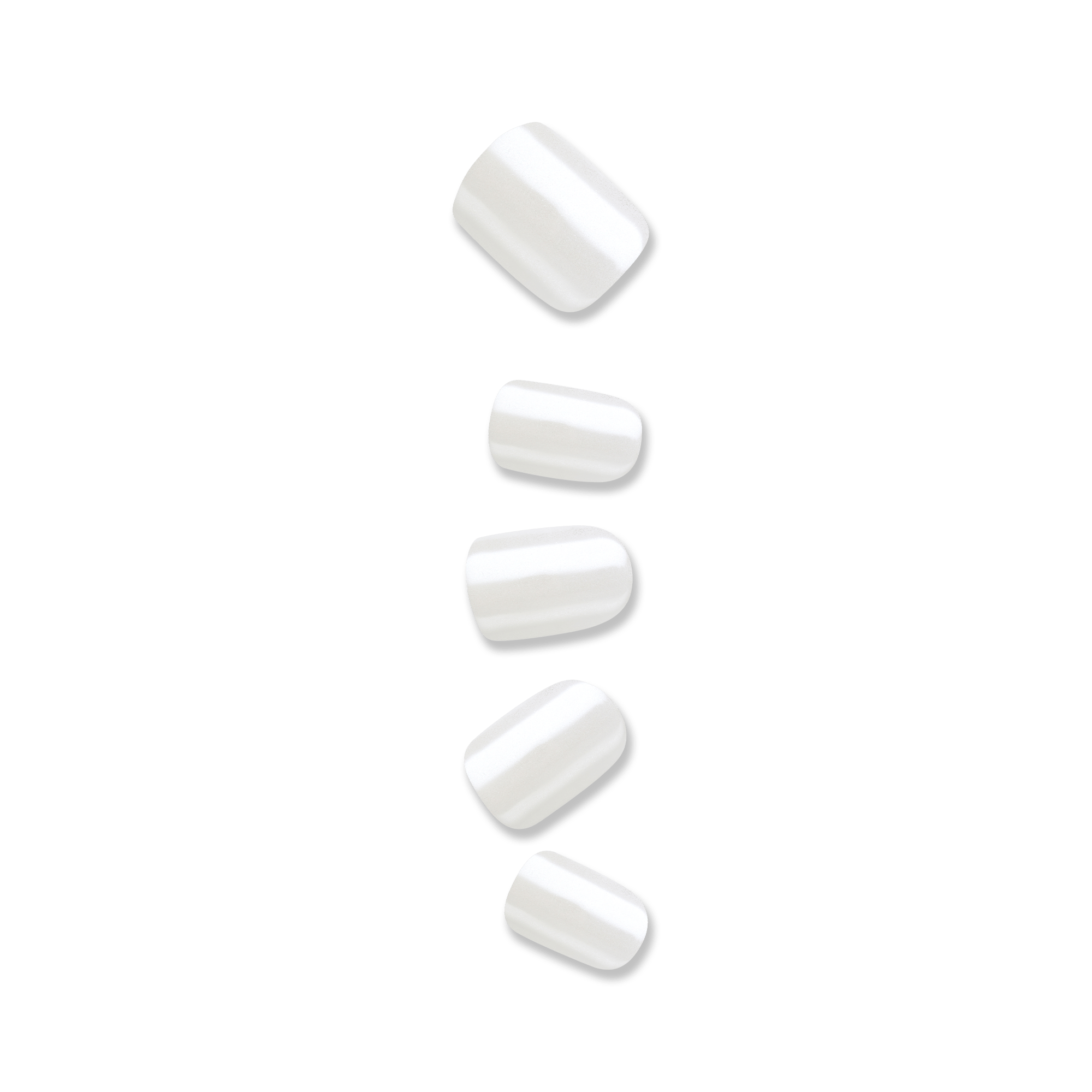 Set of five glossy white press-on nails in varying sizes, shown from a top-down view on a plain background, with no text visible.