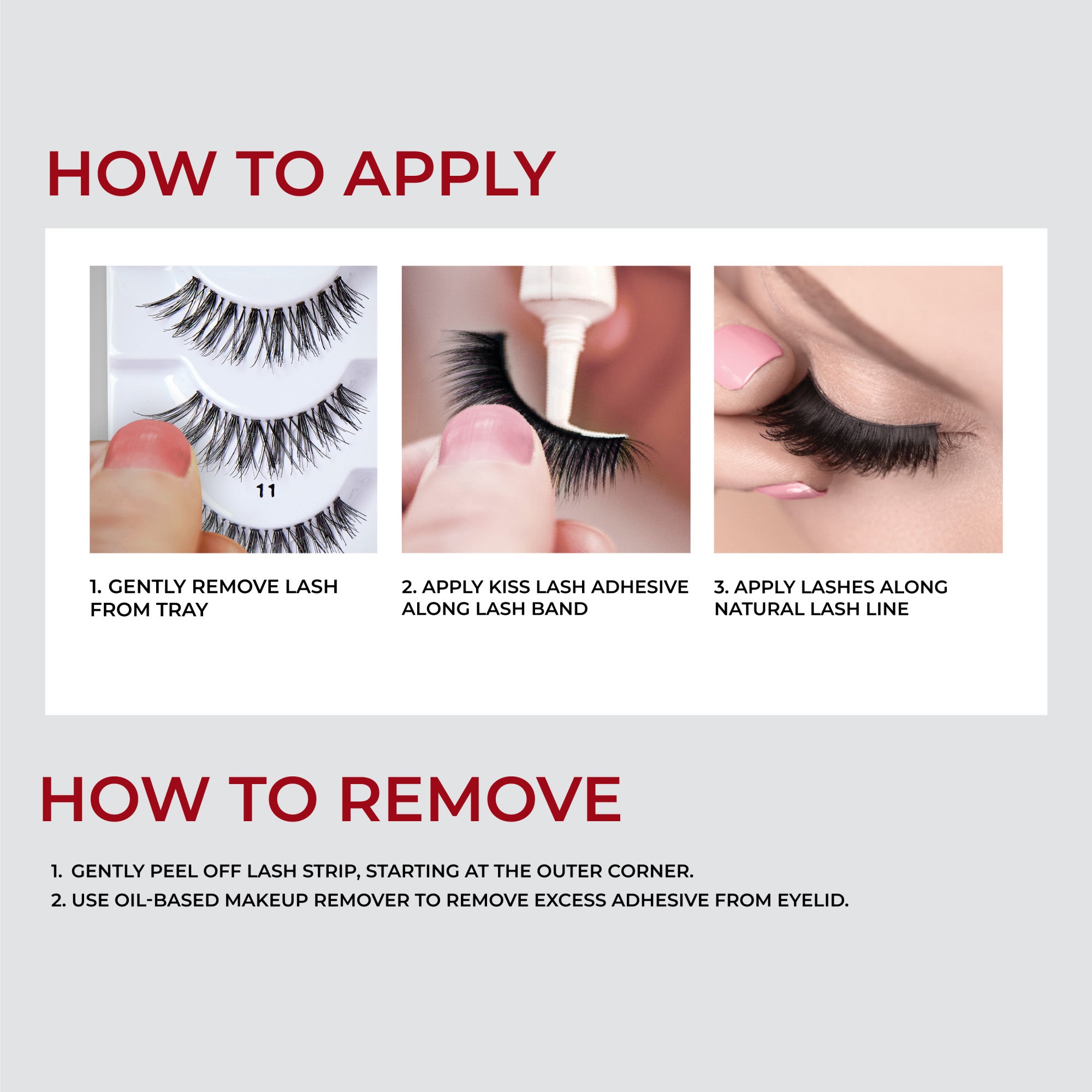 Step-by-step visuals showing how to apply KISS So Wispy lashes: removing lashes from tray, applying adhesive on lash band, then placing lashes along natural lash line. Removal instructions note gently peeling off from outer corner and using oil-based remover for adhesive.