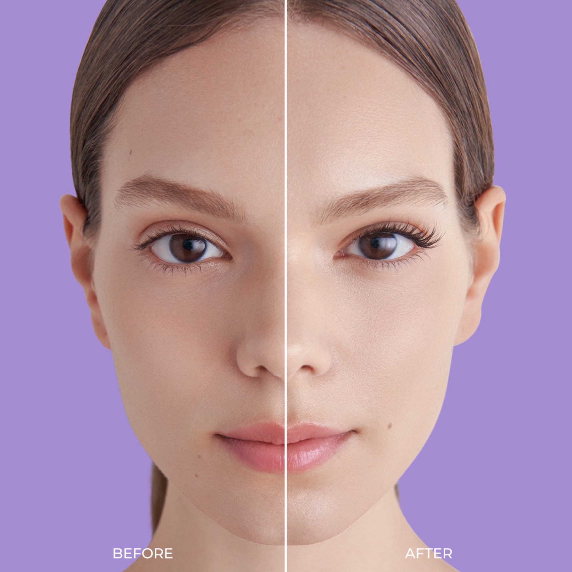 Close-up portrait of a woman with split view showing natural eyelashes on the left labeled \