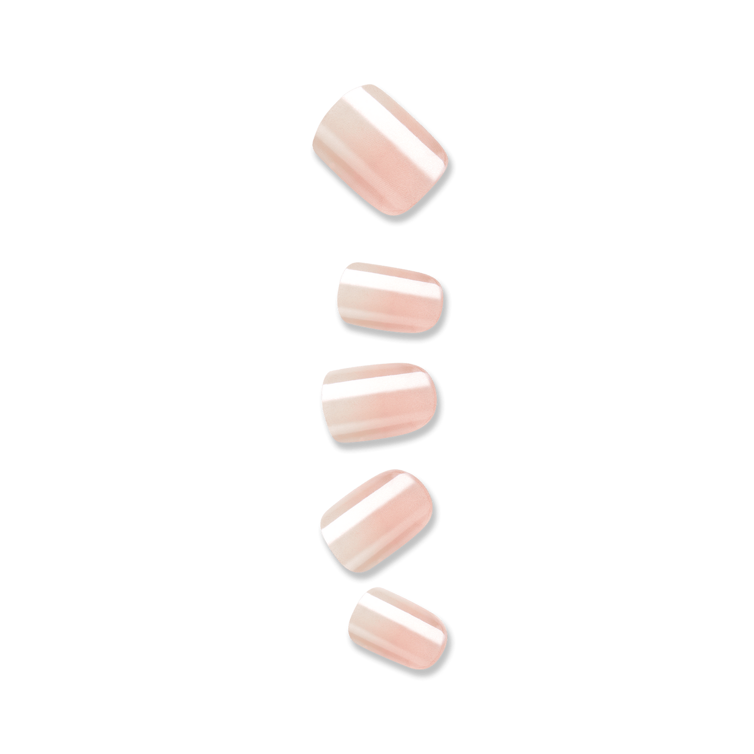Set of five light pink, glossy press-on nails with a soft satin finish, shown detached against a transparent background.