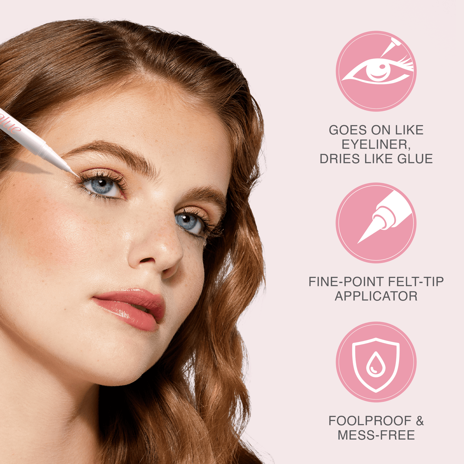 A woman with fair skin and wavy auburn hair applies clear KISS Lash GLUEliner near her upper lash line. Text highlights: \