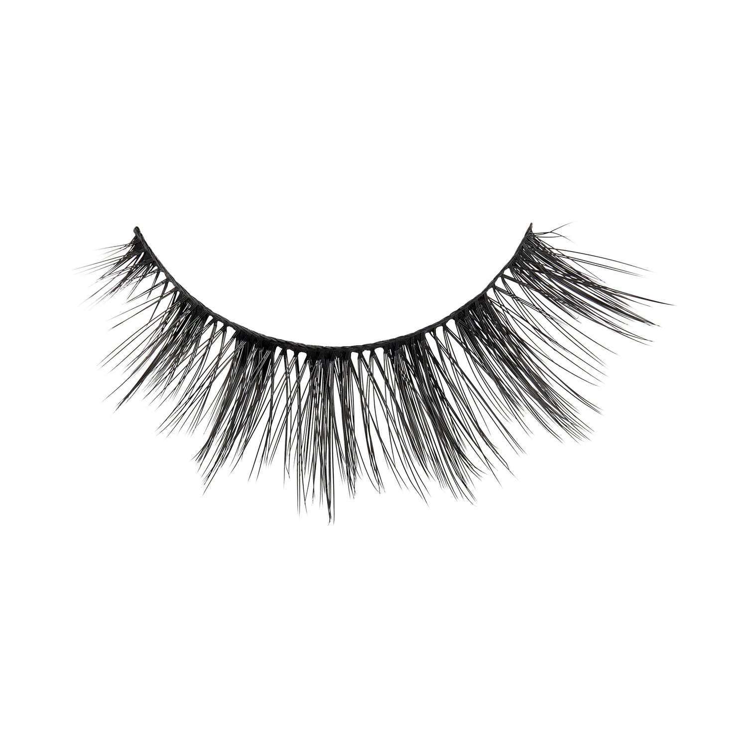 Single black false eyelash with a crisscross pattern and long, wispy strands, shown against a white background.