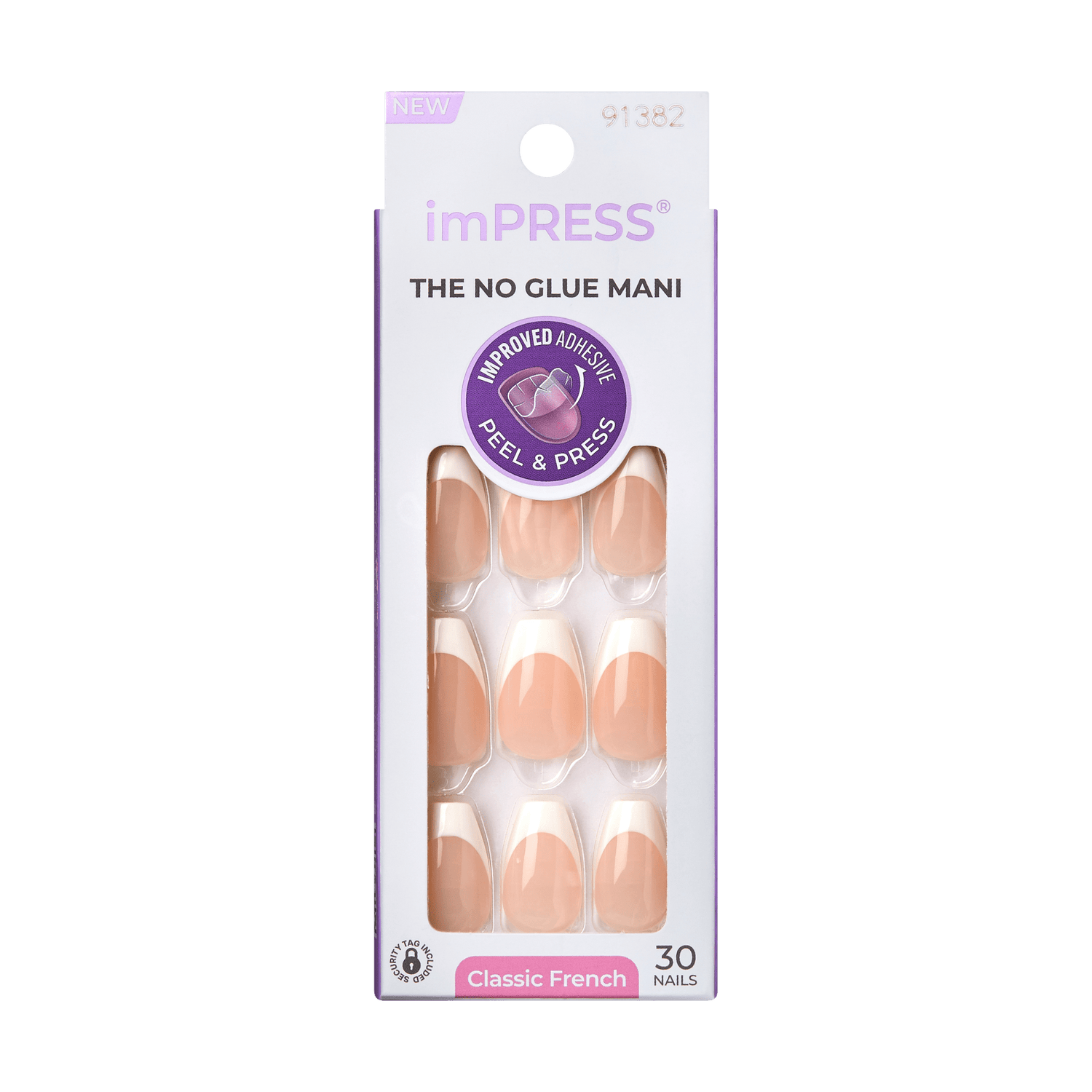 imPRESS Classic French press-on nails in nude with white tips, packaging showing 30 nails, labeled \