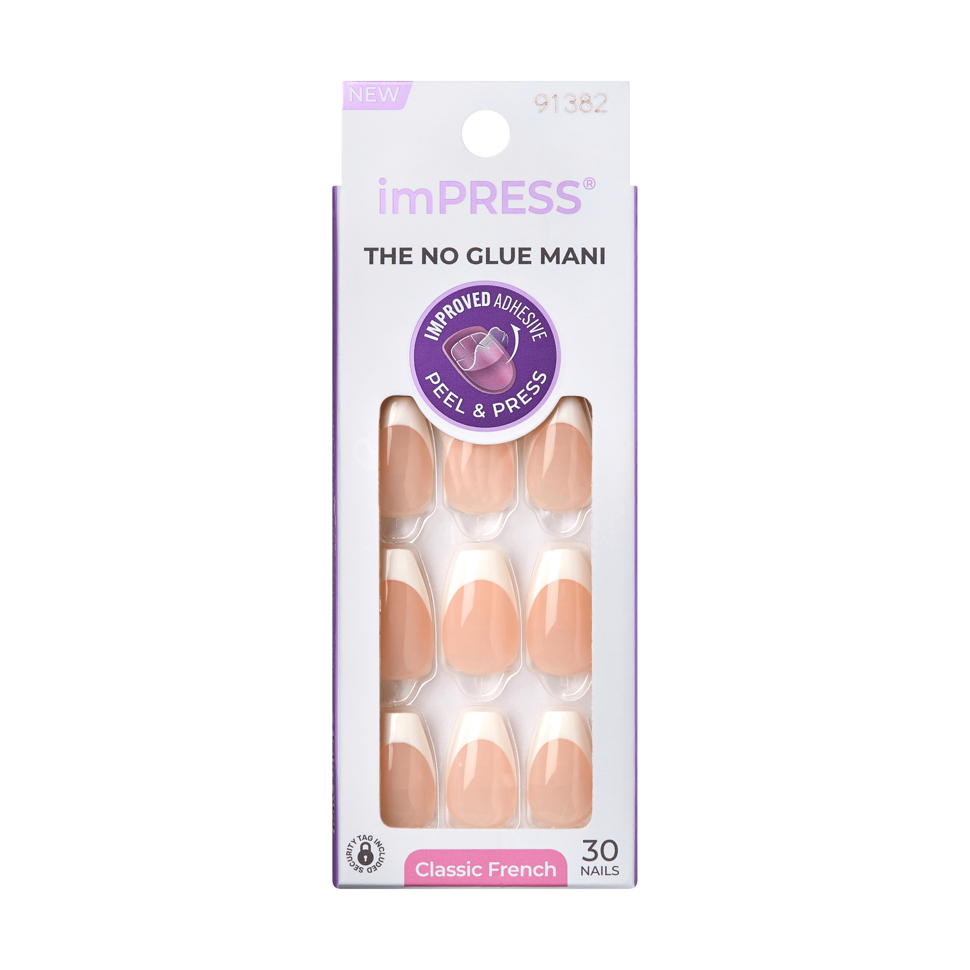 imPRESS Classic French press-on nails in nude with white tips, packaging showing 30 nails, labeled \