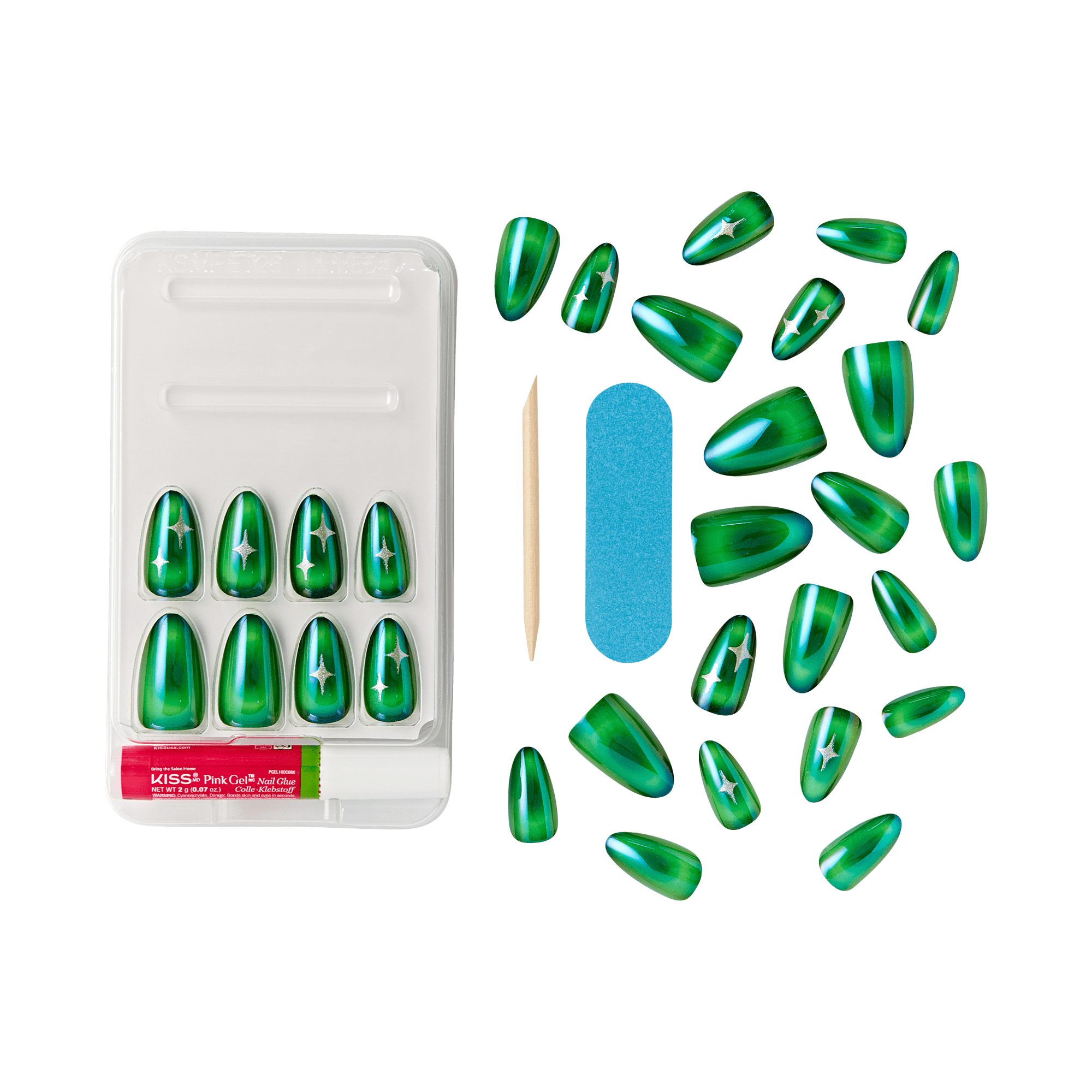 Set of green metallic press-on nails with silver star designs, displayed with nail glue, a wooden cuticle stick, and a blue nail file.
