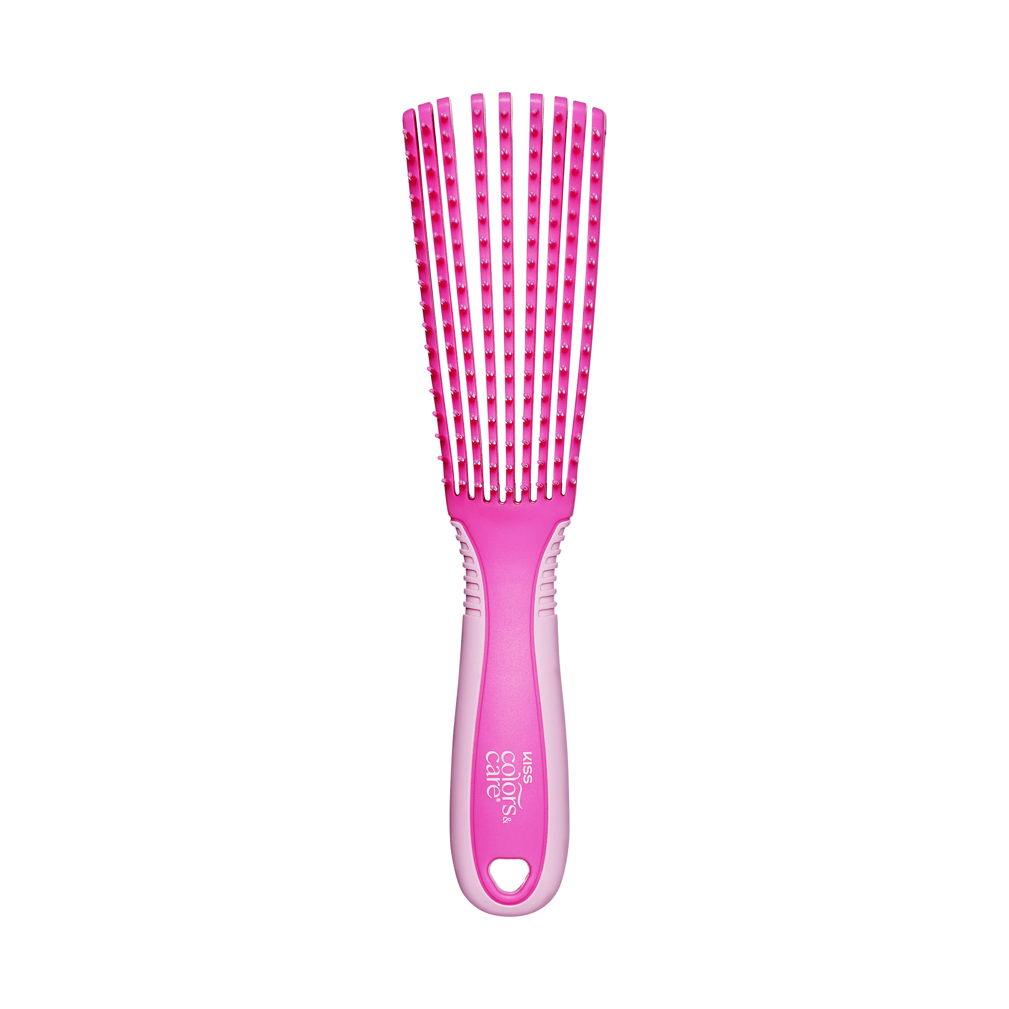 Pink and light pink flexible detangling hairbrush with thin spaced bristles and a non-slip handle that reads \