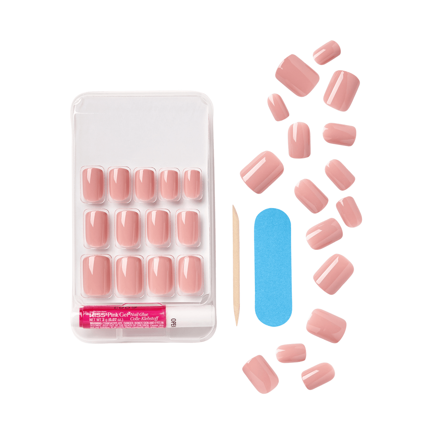 Set of glossy, soft pink press-on nails in various sizes, displayed with pink gel nail glue, blue nail file, and wooden cuticle stick on white tray.