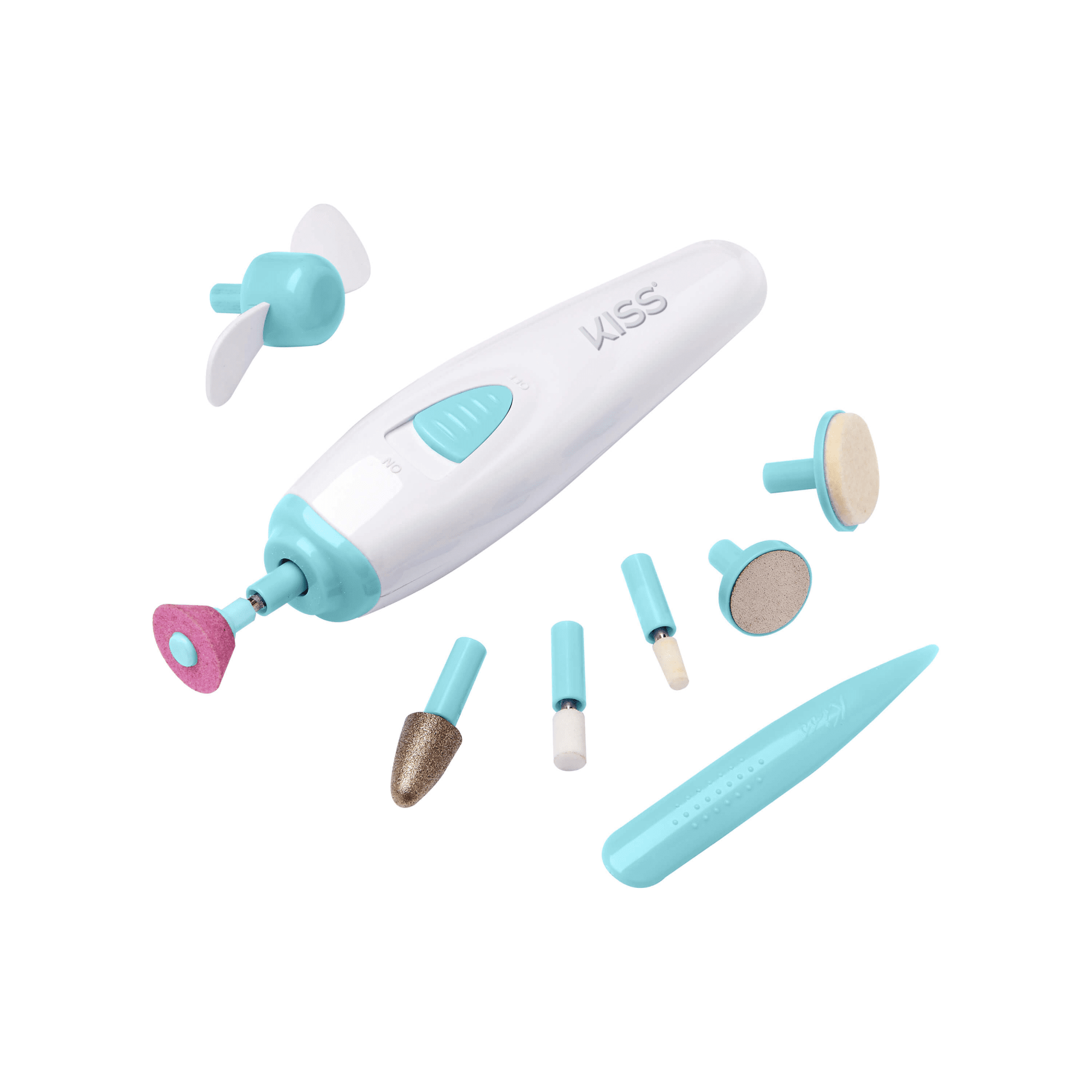 White and light blue KISS PowerFile To Go electric nail file with on/off switch, shown with eight interchangeable nail care attachments against white background.