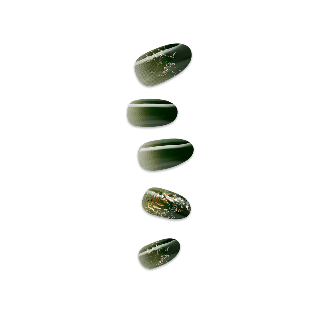 Set of five artificial press-on nails in various shapes, featuring dark green tones with gold foil and leaf accents for a natural, elegant look.