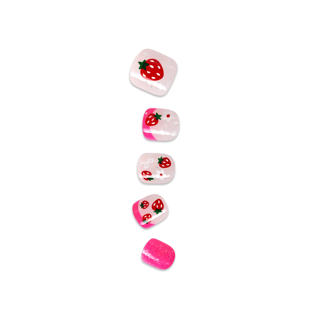 Five strawberry-patterned nail polish bottles in pink and white shades