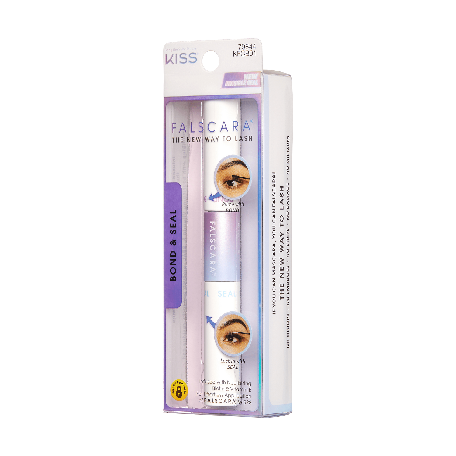FALSCARA Bond &amp; Seal lash product in purple and white packaging with a clear box, showing \