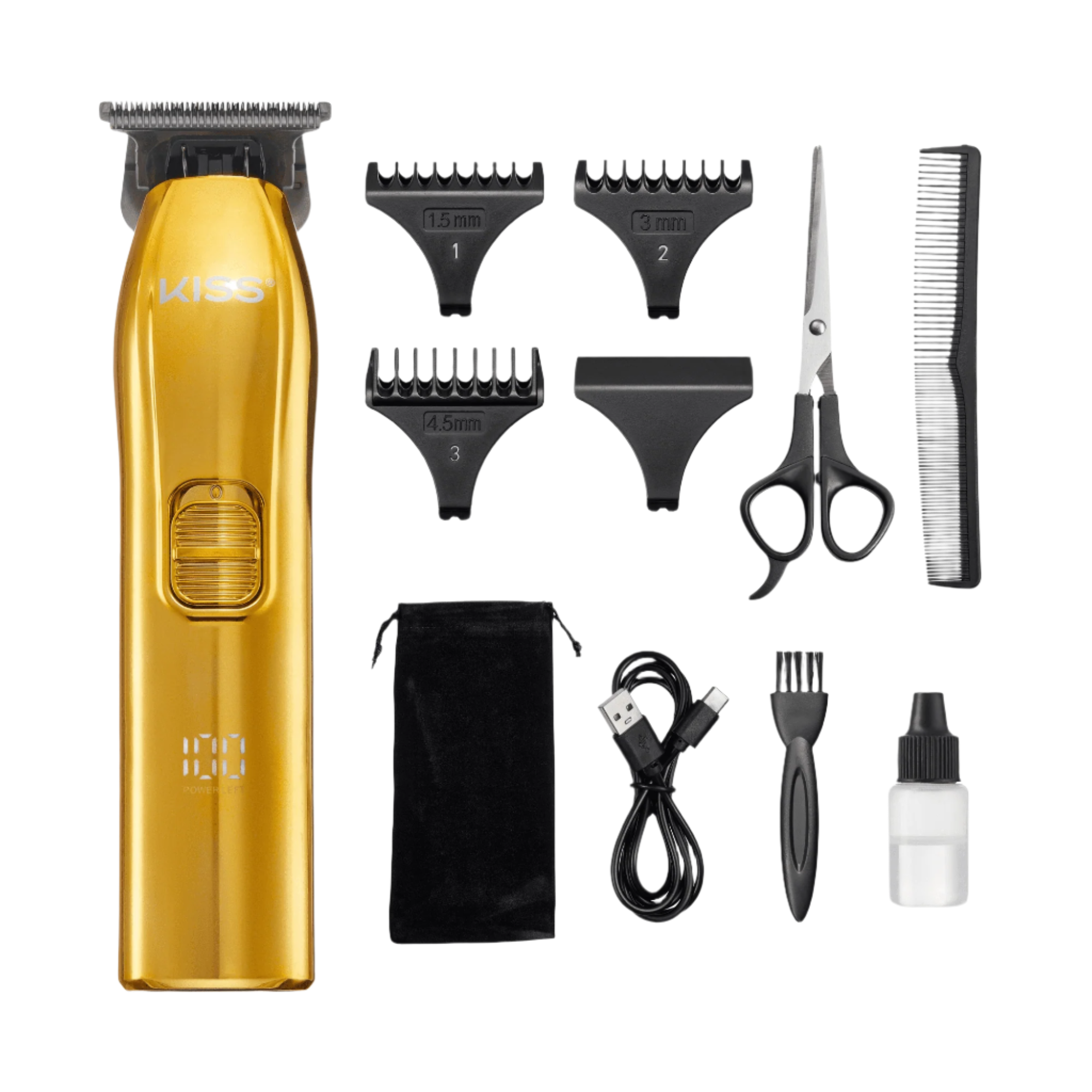 Gold cordless KISS T-blade beard and hair trimmer set with three black comb guards (1.5mm, 3mm, 4.5mm), precision trimmer, scissors, comb, USB charging cable, cleaning brush, oil bottle, and black pouch.