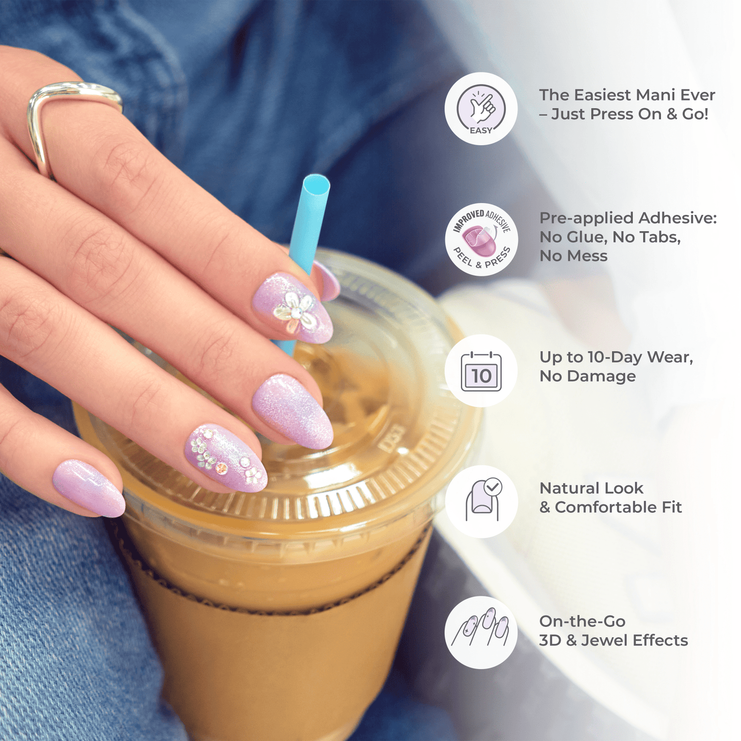 Hand with lavender press-on nails adorned with 3D white and clear jewel flowers holding iced coffee; text highlights easy application, no glue, 10-day wear, natural fit, and jewel effects.