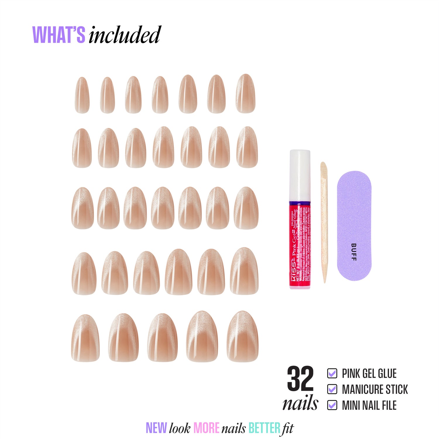 32 nude gel nails with pink gel glue, manicure stick, and mini nail file included.