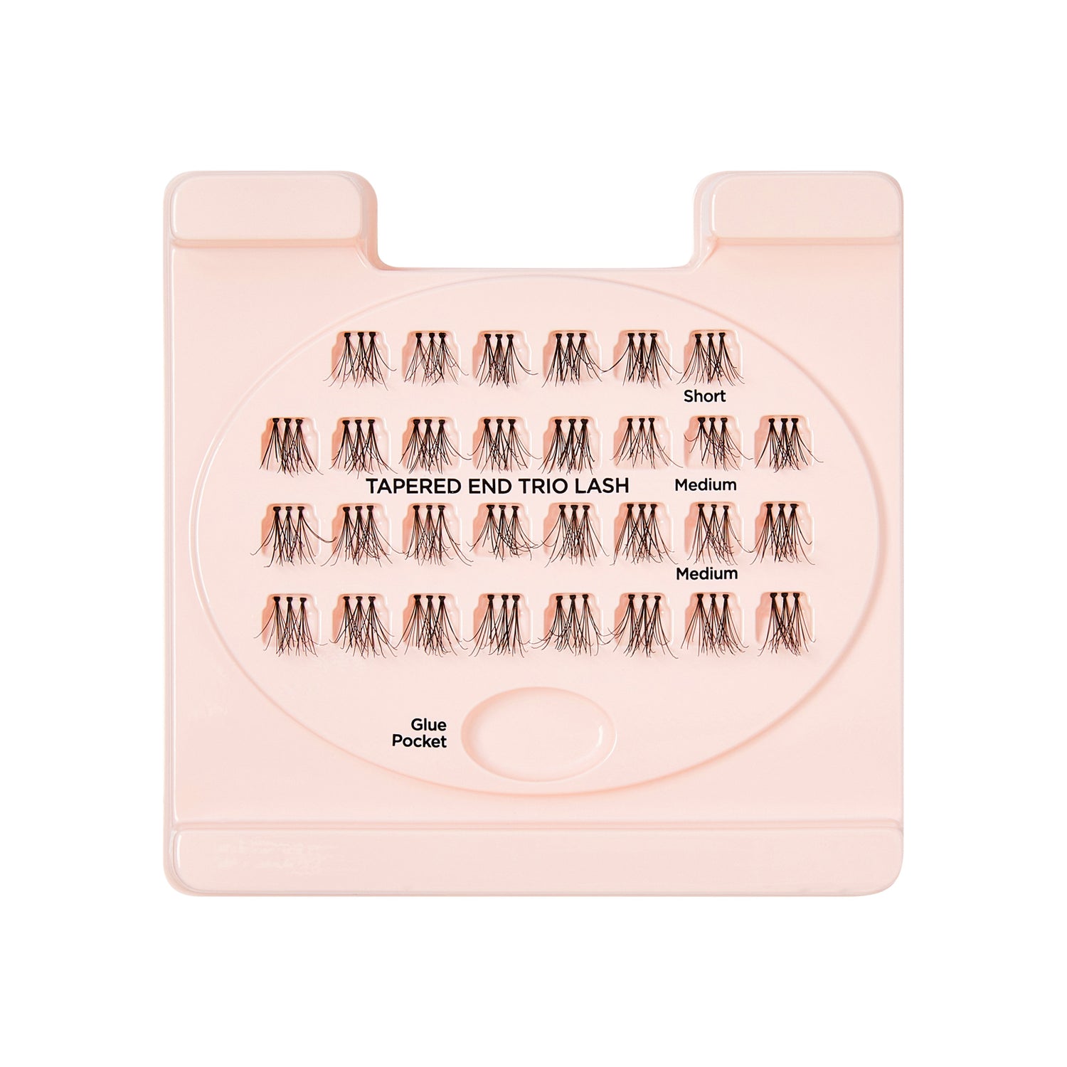 Light pink tray holding multiple clusters of black tapered end trio lashes in short and medium sizes, labeled with glue pocket area.