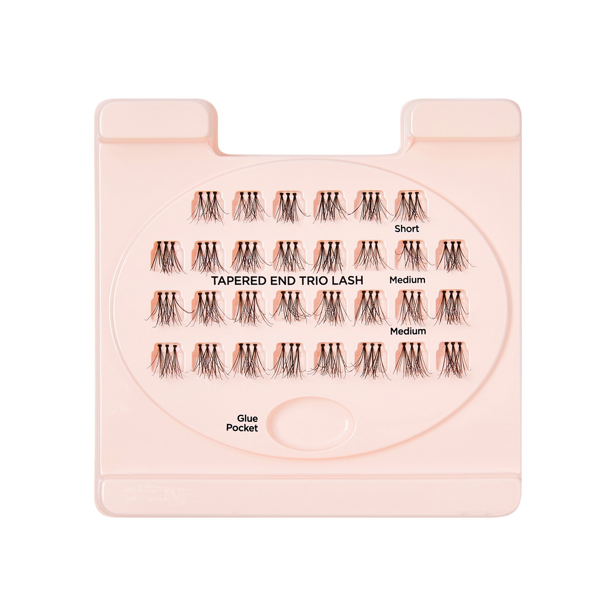 Light pink tray holding multiple clusters of black tapered end trio lashes in short and medium sizes, labeled with glue pocket area.