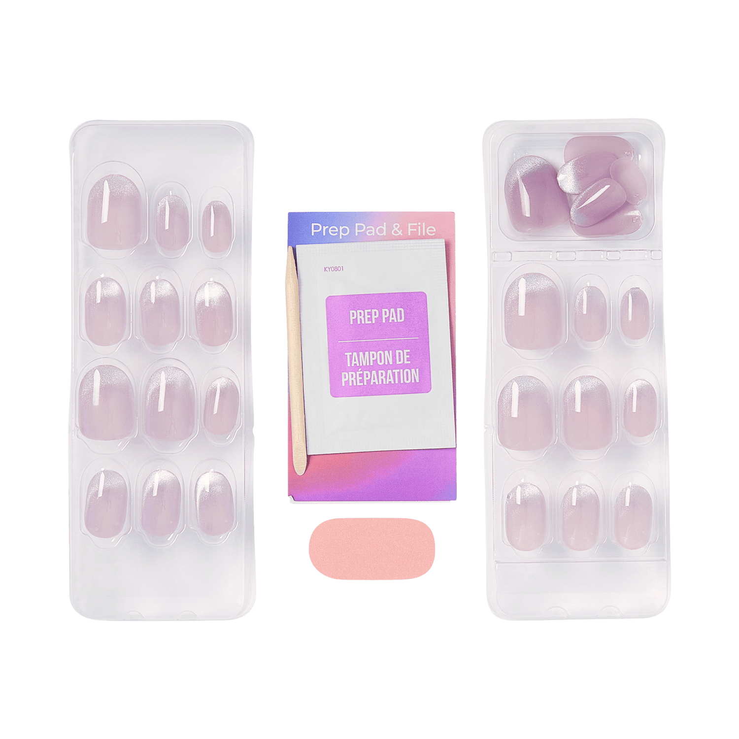 Press-on nail kit with prep pad and file, pink nude shade, 15 nails total