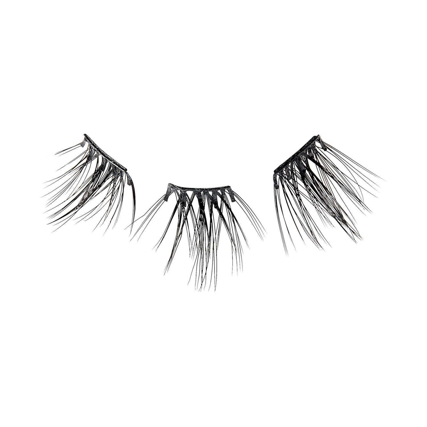 Three black self-adhesive eyelash clusters arranged in a row on a white background, designed for easy application of bold lashes.