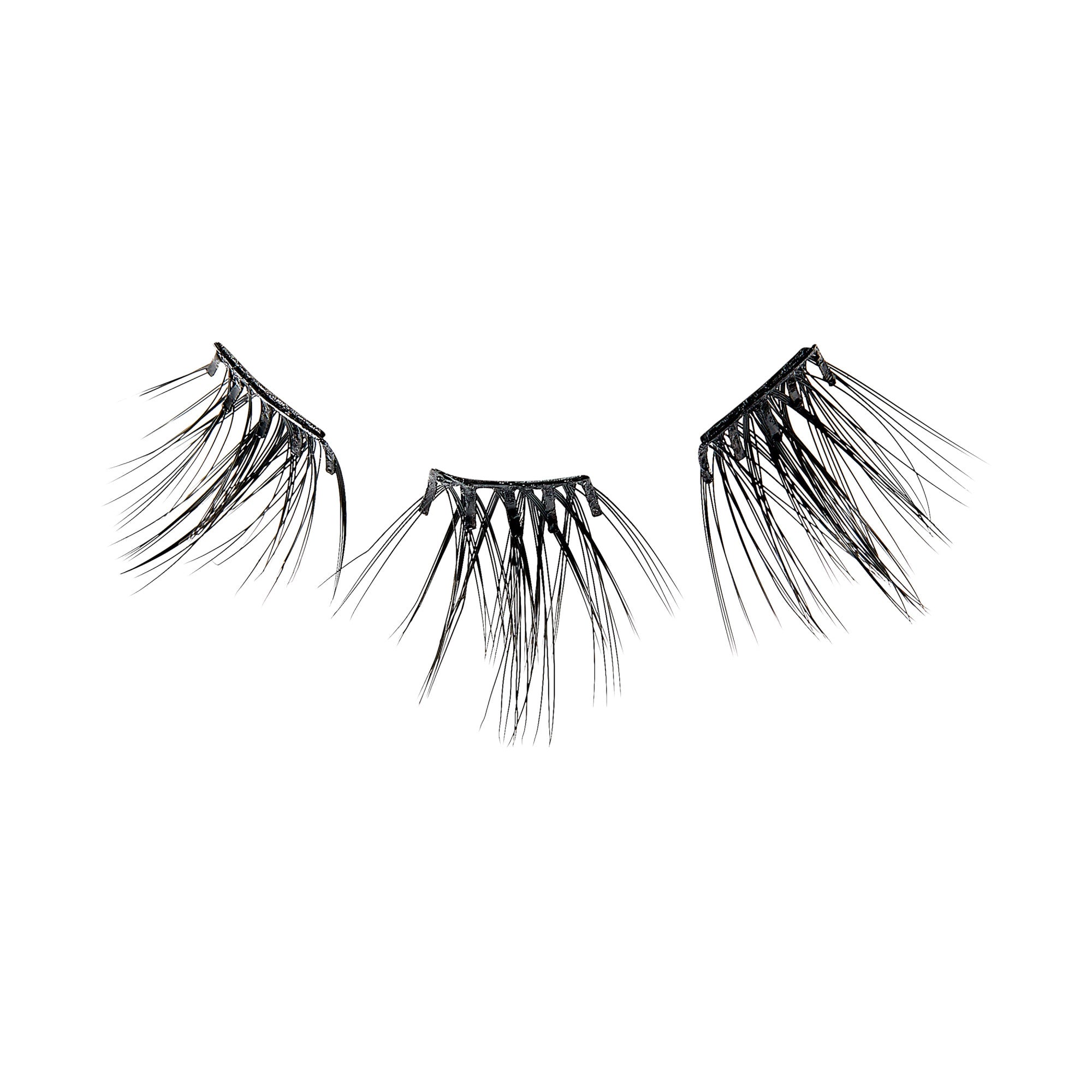Three black self-adhesive eyelash clusters arranged in a row on a white background, designed for easy application of bold lashes.