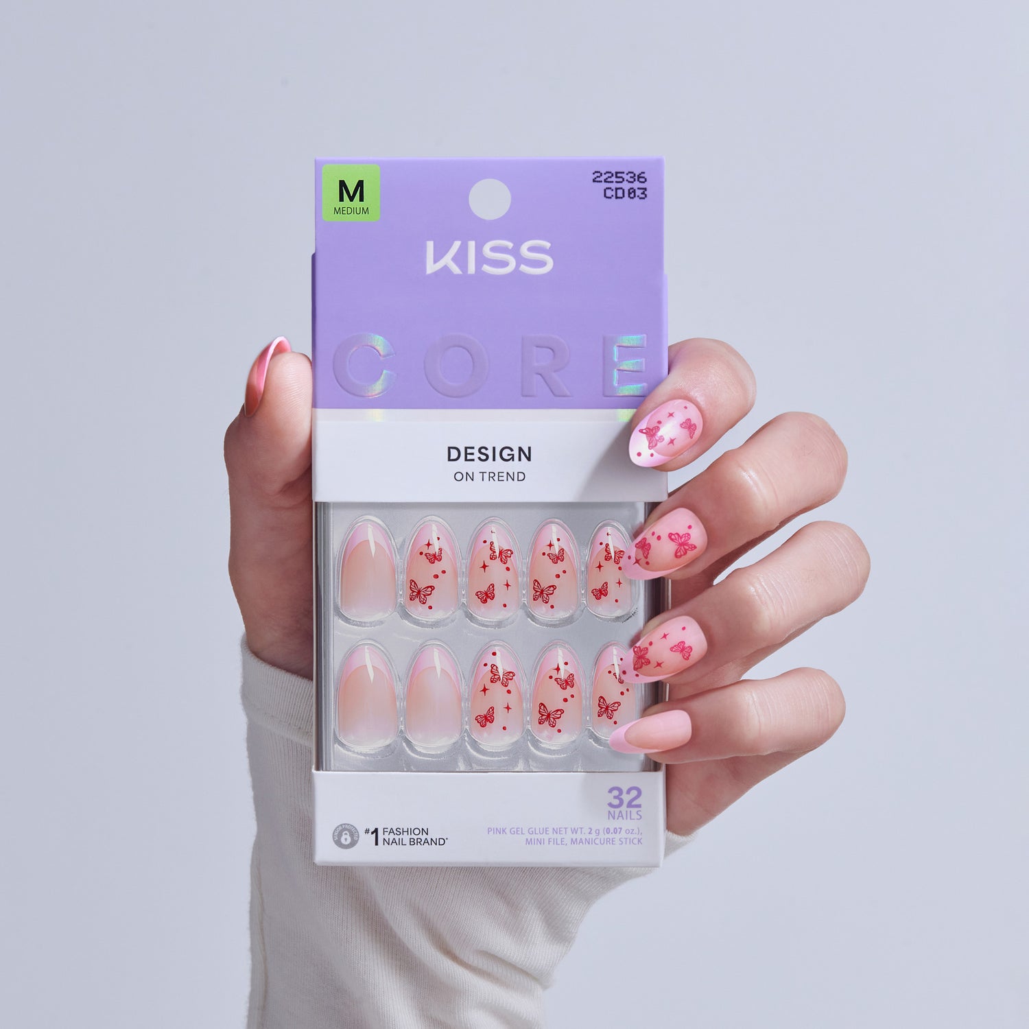 KISS Core Design press-on nails with pink butterfly patterns, size medium, 32 nails.