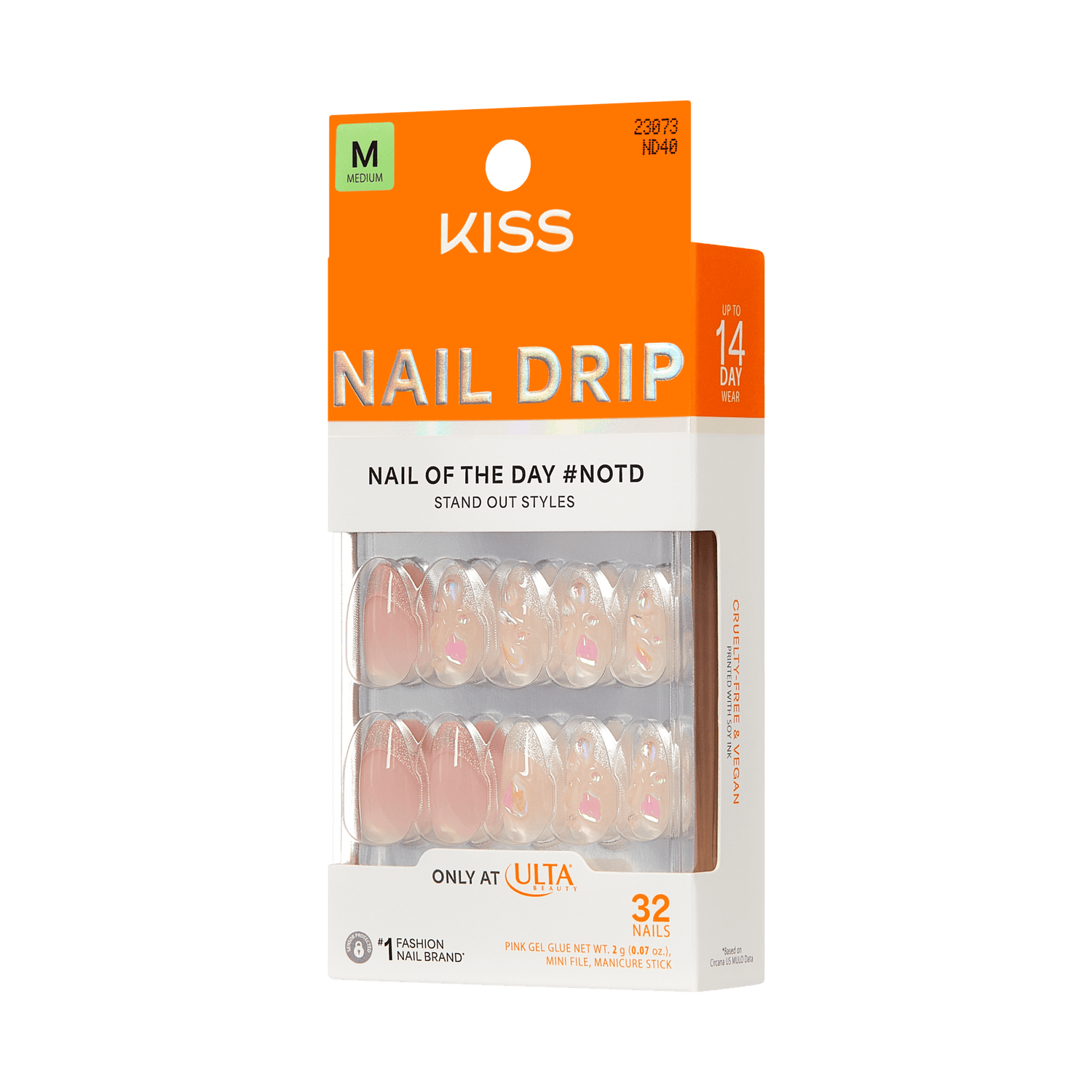 KISS Nail Drip Medium Fake Nails, 32 Count, Nude with Gold Accents