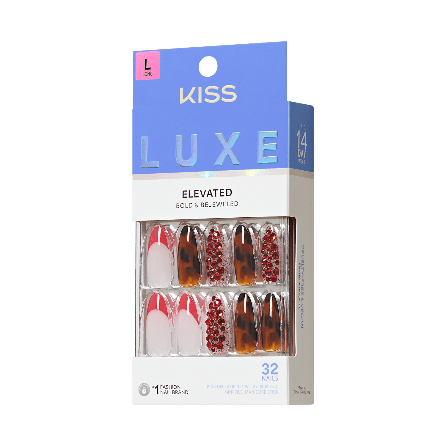 KISS Luxe Elevated Long Nails 32-piece set with bold and bejeweled designs.