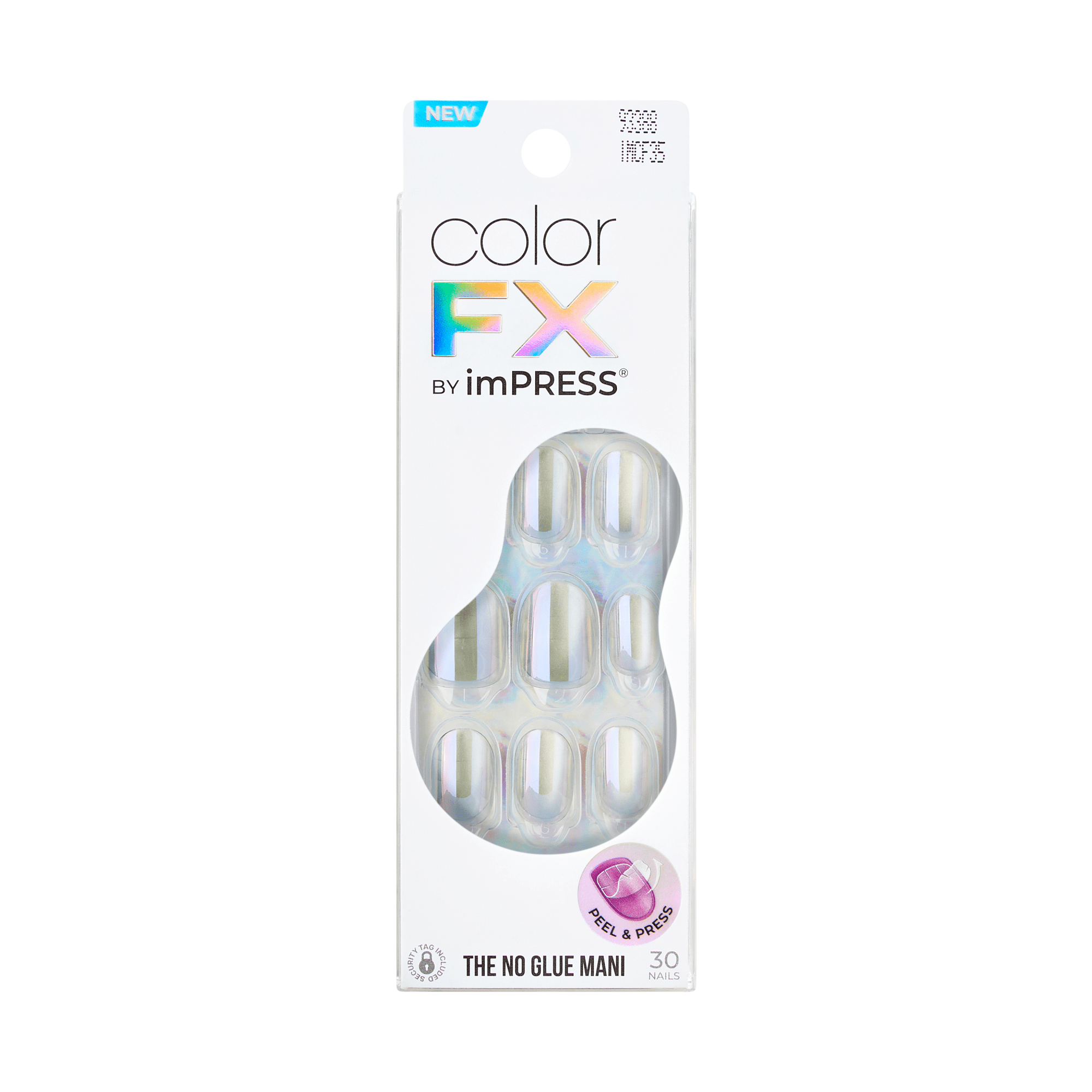 The image features a packaging for "Color FX" by imPRESS, which is a brand of press-on nails. The package is sleek and modern, predominantly white with a holographic effect that gives it a stylish appearance. It showcases a set of ten press-on nails, which are designed to be easy to apply without glue. The packaging includes the text "NEW" and highlights the product&
