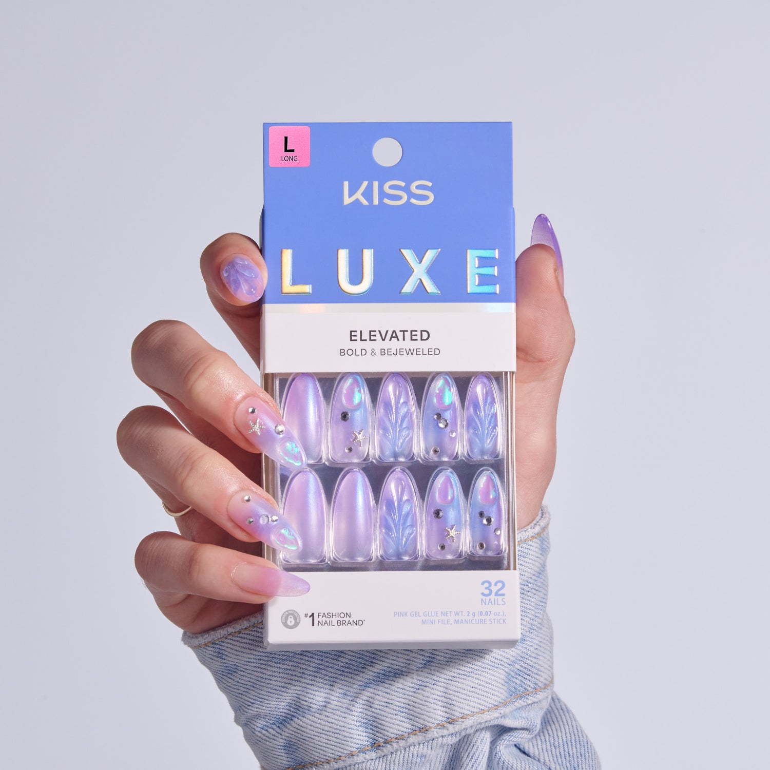 Kiss Luxe Elevated nail set in purple with gems and jewels, 32 nails, size L long.