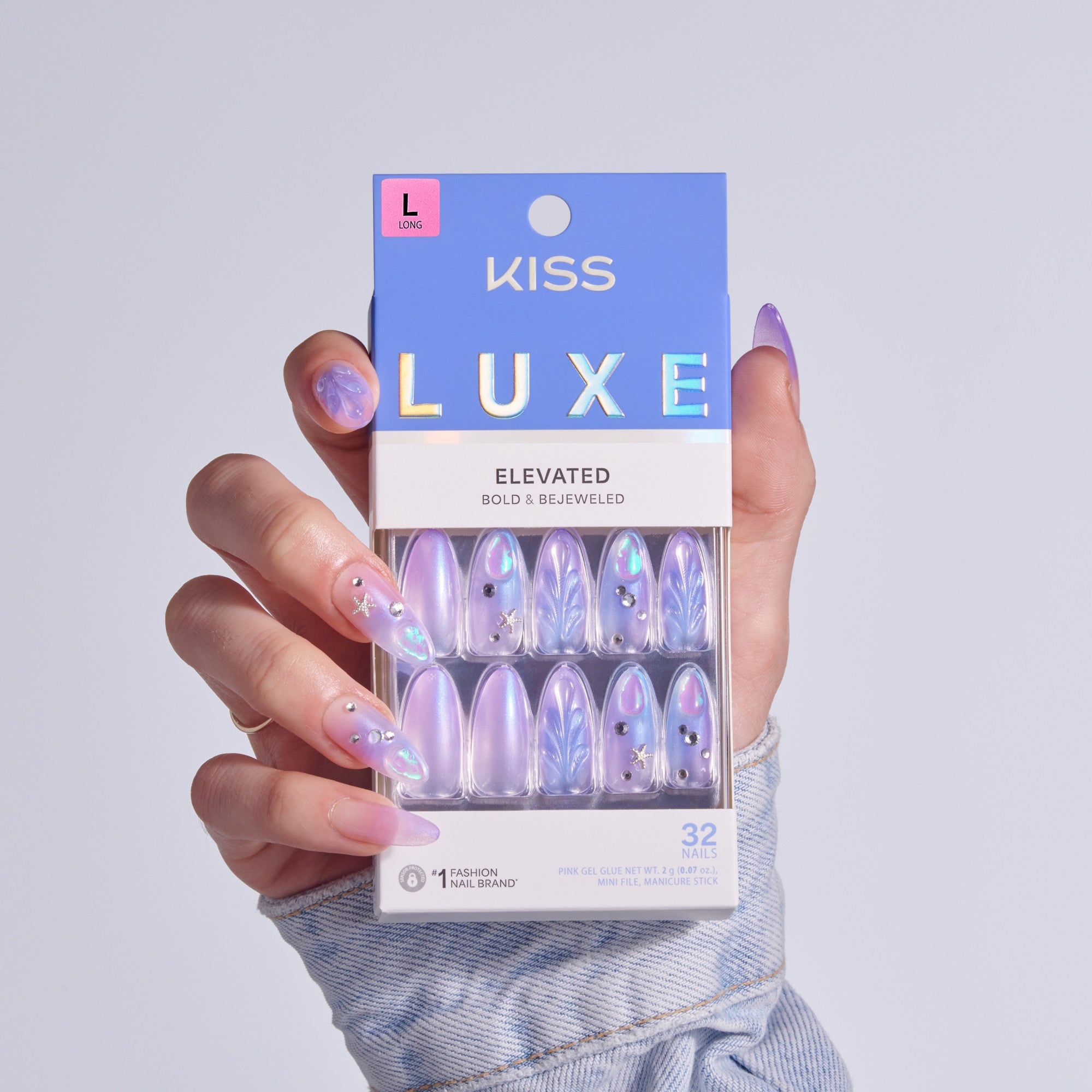 Kiss Luxe Elevated nail set in purple with gems and jewels, 32 nails, size L long.