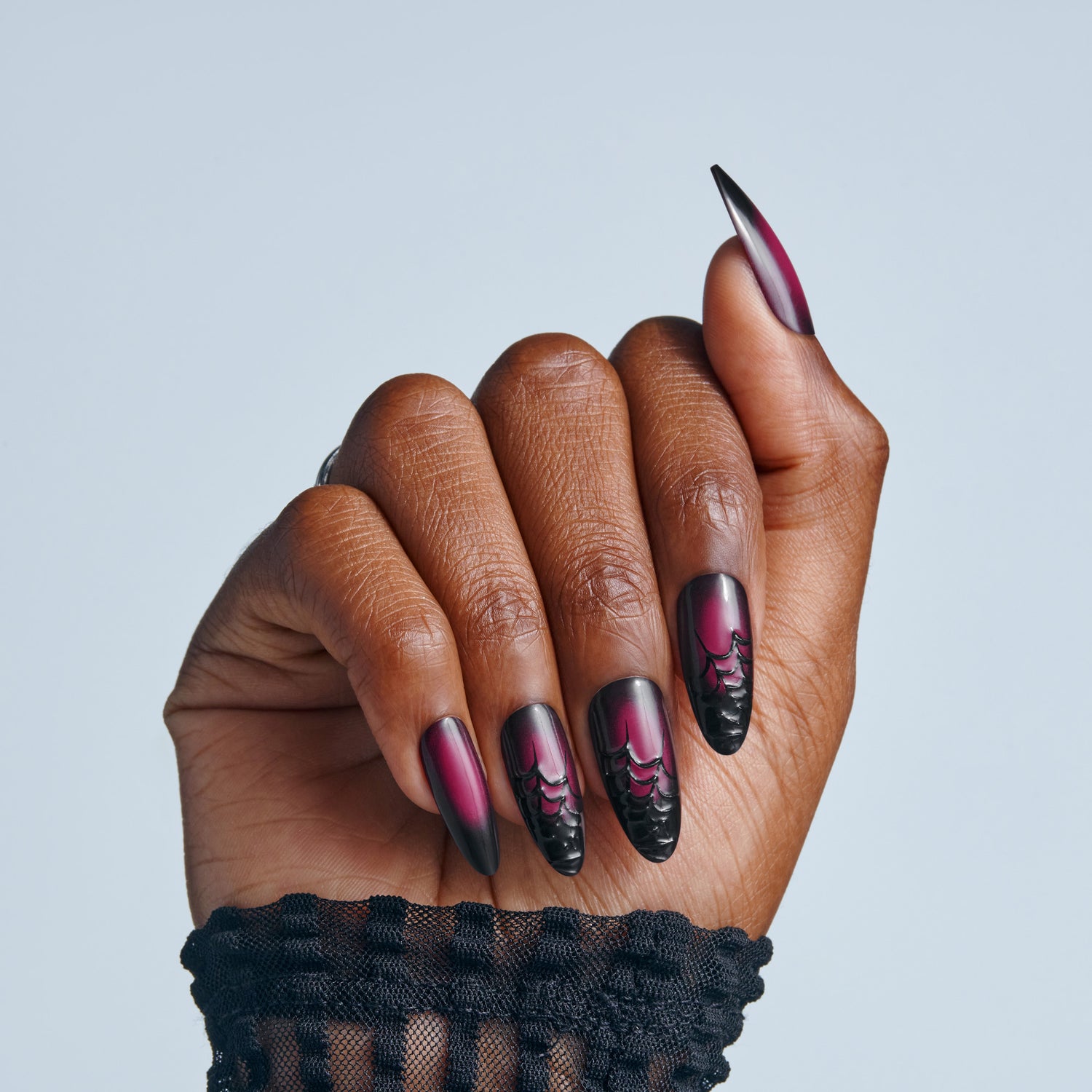 Kiss Haunt Halloween Press On Fake Glue Nails - Ghoulfriend | Design, Black &amp; Red, Long, Almond