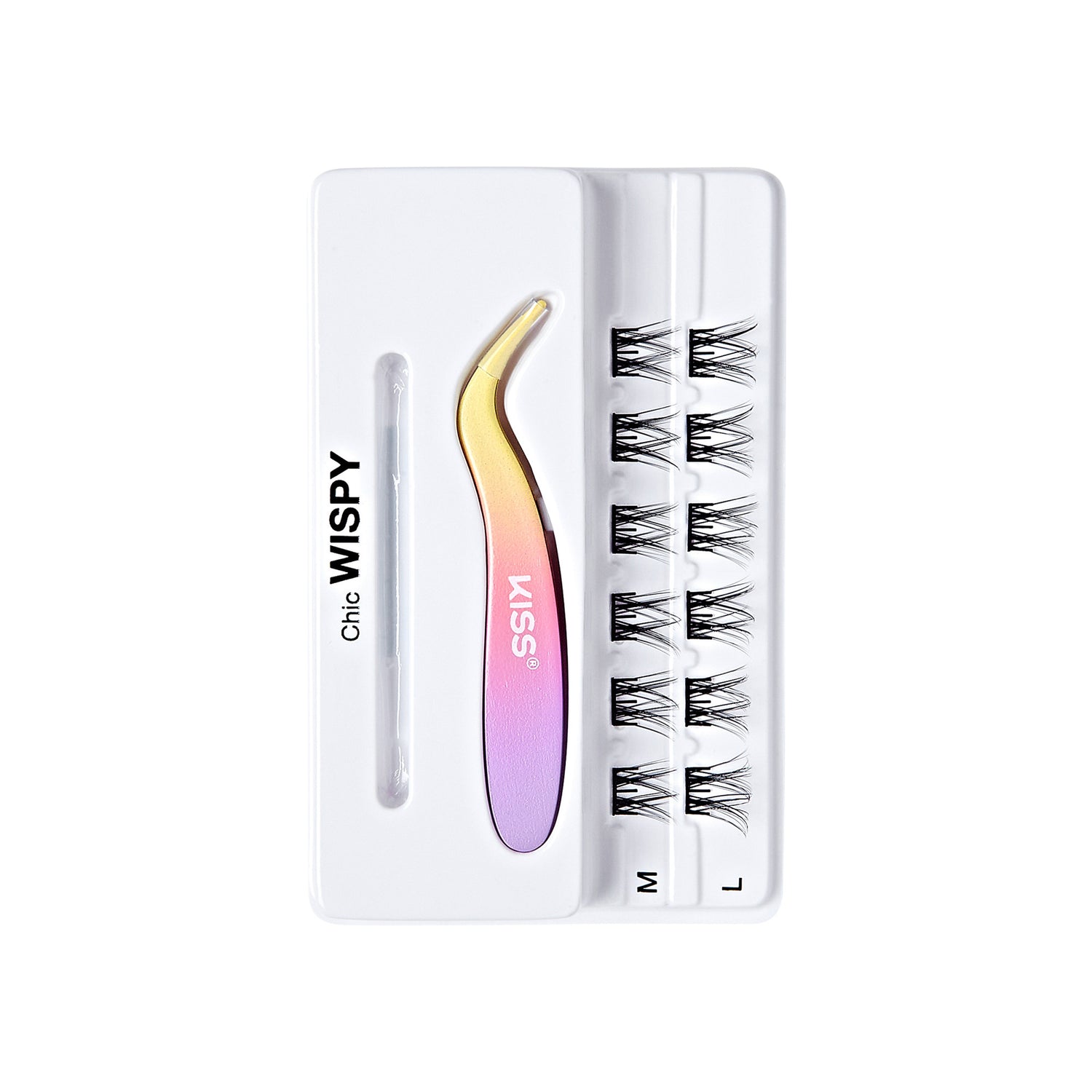 The image shows a packaged set of false eyelashes and an applicator tool. The packaging is predominantly white with black text. The text on the left side reads "Chic WISPY." The set includes three pairs of false eyelashes in different sizes labeled "S," "M," and "L." The applicator tool has a gradient color, transitioning from yellow at the tip to pink and purple towards the handle, and is branded with the name "KISS." The tool is designed to help apply the false eyelashes.