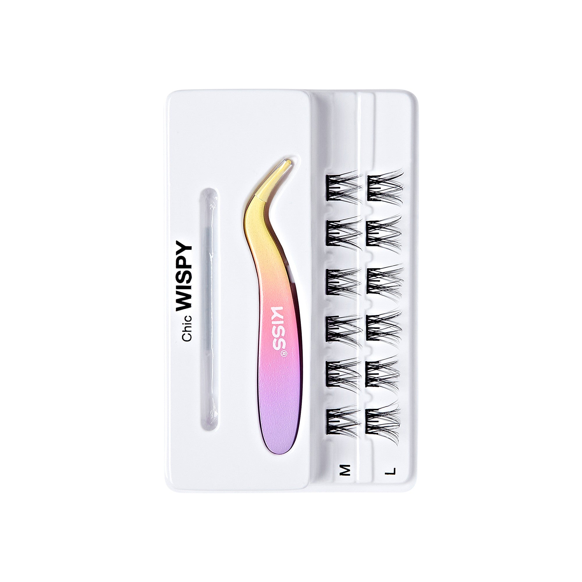 The image shows a packaged set of false eyelashes and an applicator tool. The packaging is predominantly white with black text. The text on the left side reads "Chic WISPY." The set includes three pairs of false eyelashes in different sizes labeled "S," "M," and "L." The applicator tool has a gradient color, transitioning from yellow at the tip to pink and purple towards the handle, and is branded with the name "KISS." The tool is designed to help apply the false eyelashes.