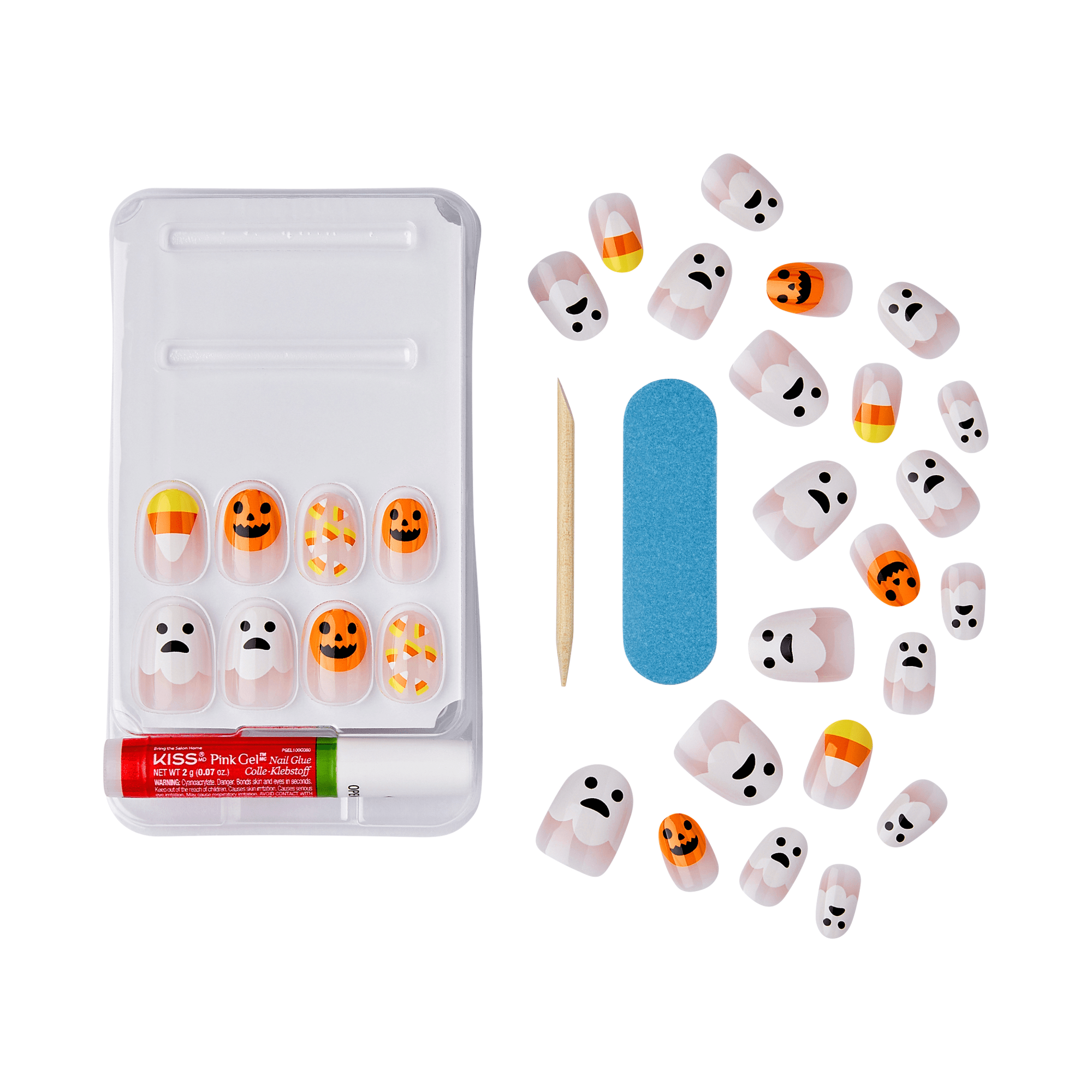 The image shows a set of Halloween-themed artificial nails. The set includes various nail designs featuring festive and spooky elements such as jack-o&