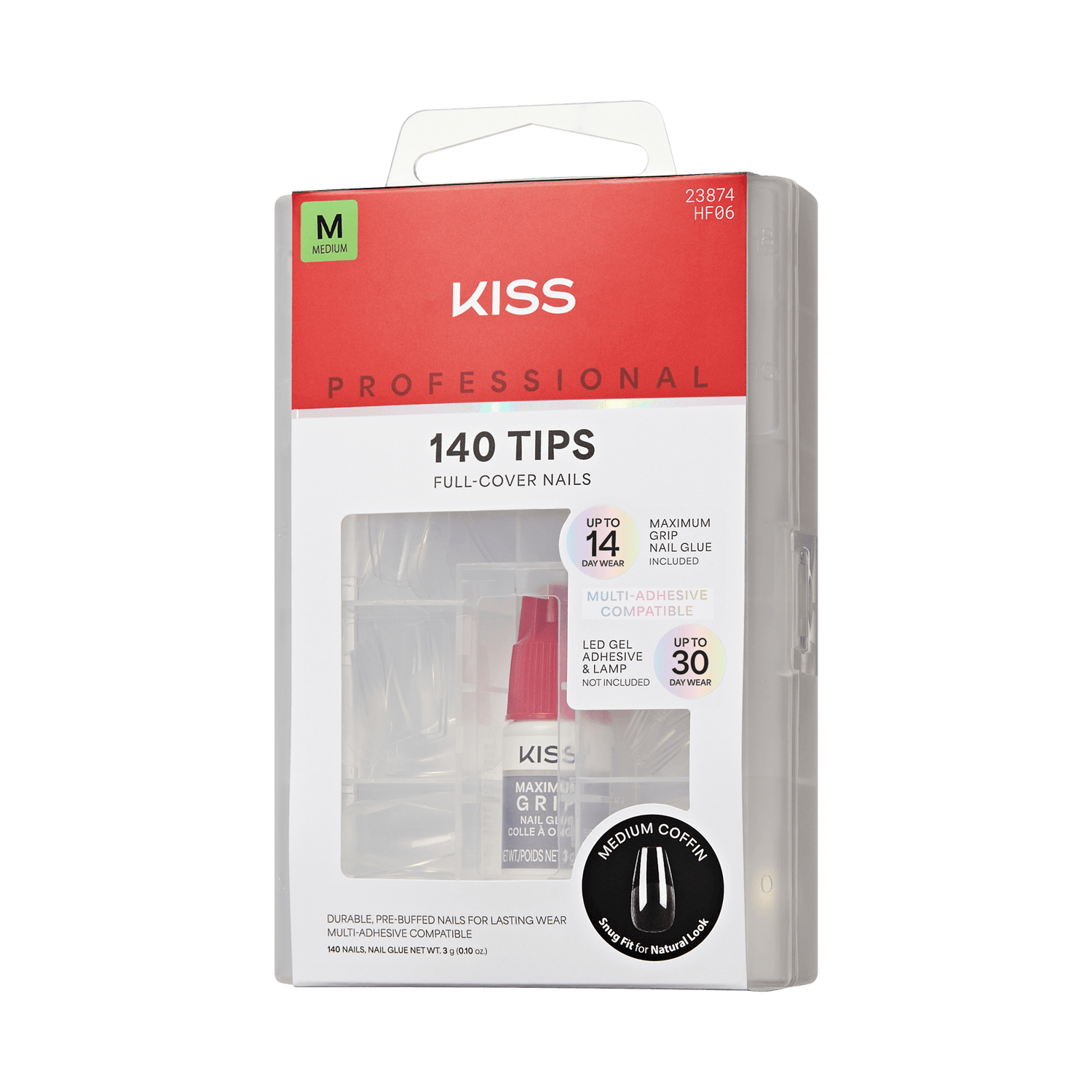 KISS Professional 140 Tips Full-Cover Nails, Medium, with nail glue included