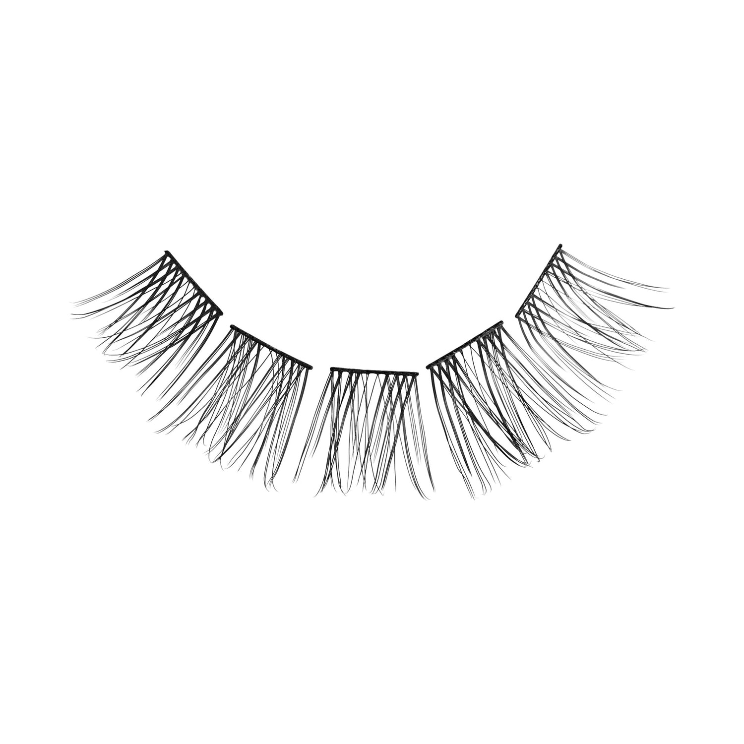 Black individual eyelash wisps arranged in a curved line on a white background, designed for natural lengthening and volume.