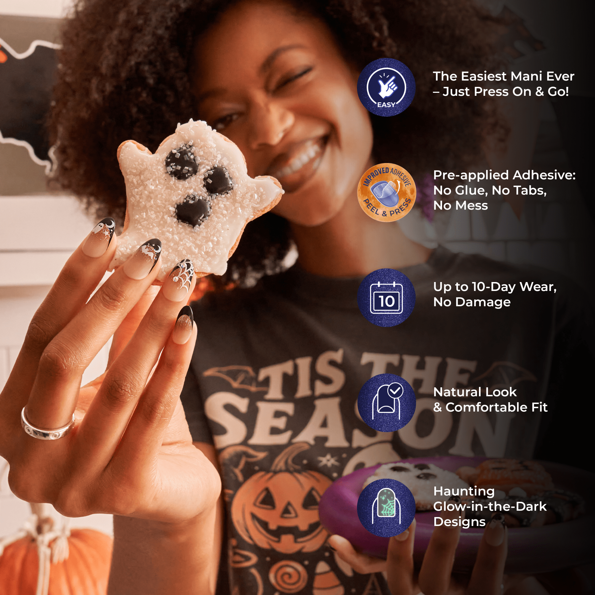 Impress Design Halloween No Glue Fake Press On Nails - Dead Glam | Design, Orange &amp; Black, Short, Squoval, Glow In The Dark, Manicure