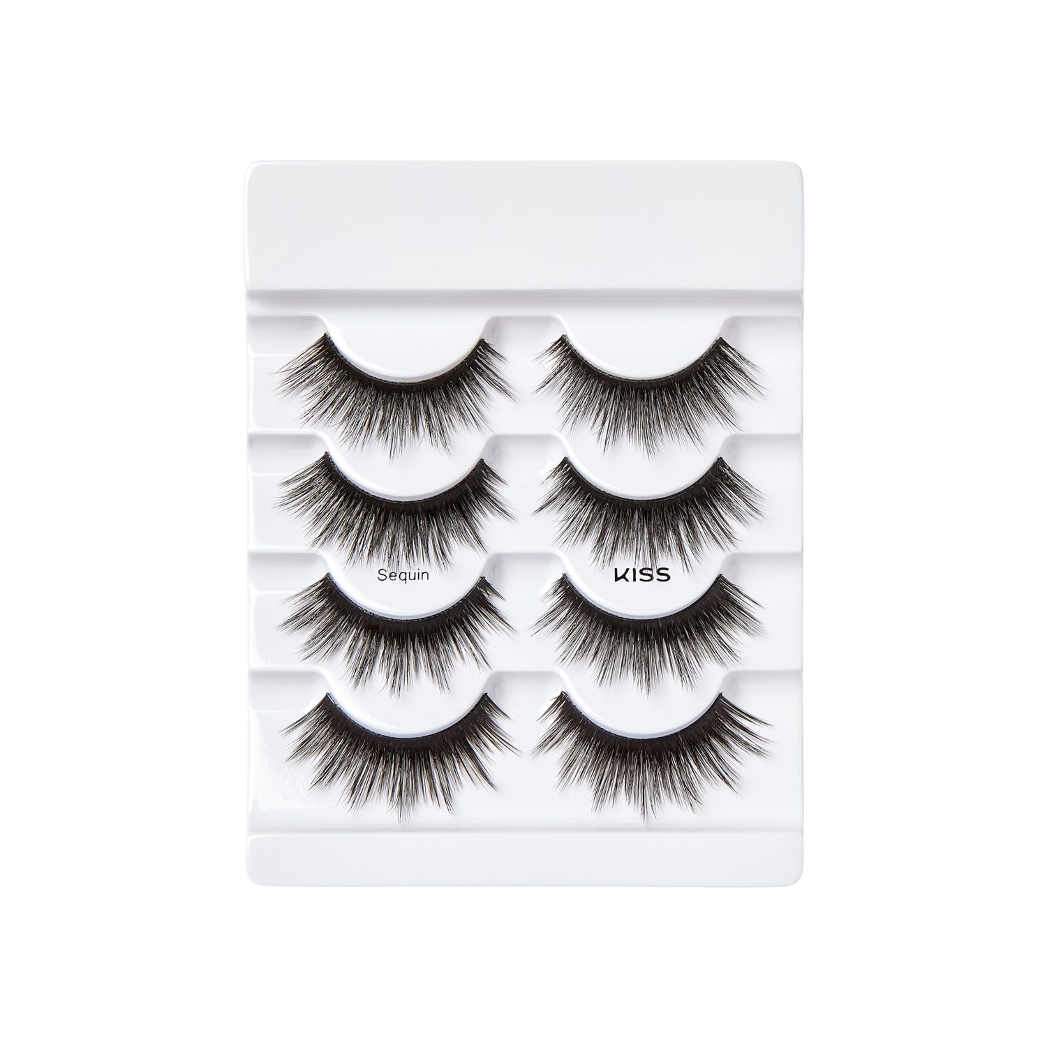 Set of four pairs of black, wispy faux mink false eyelashes arranged in a white plastic tray with the words \