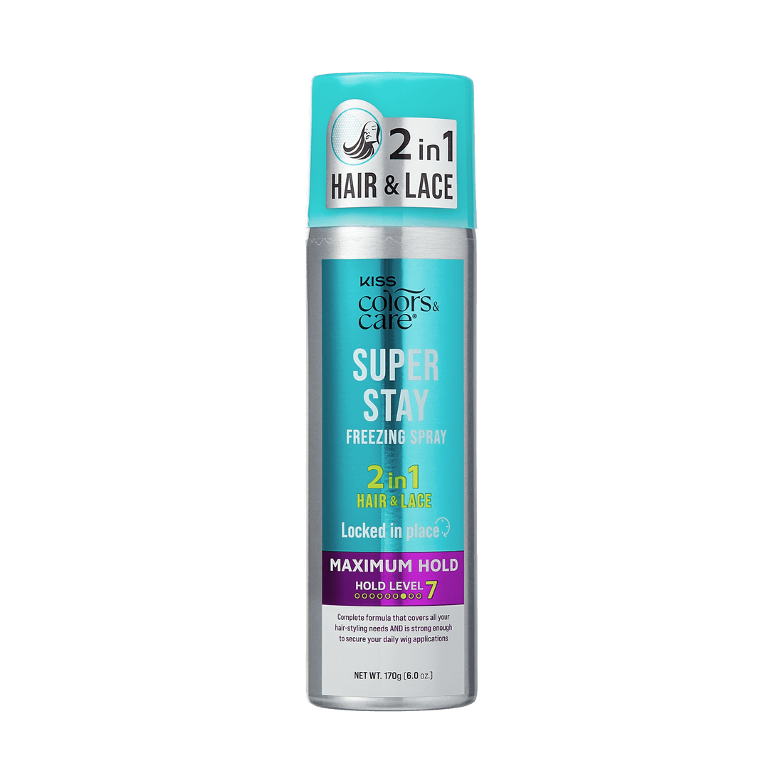 The image features a bottle of "Kiss Colors &amp; Care Super Stay Freezing Spray." It is a 2-in-1 product designed for both hair and lace, emphasizing its ability to provide maximum hold. The bottle is clear with a turquoise cap, and the label highlights the product&